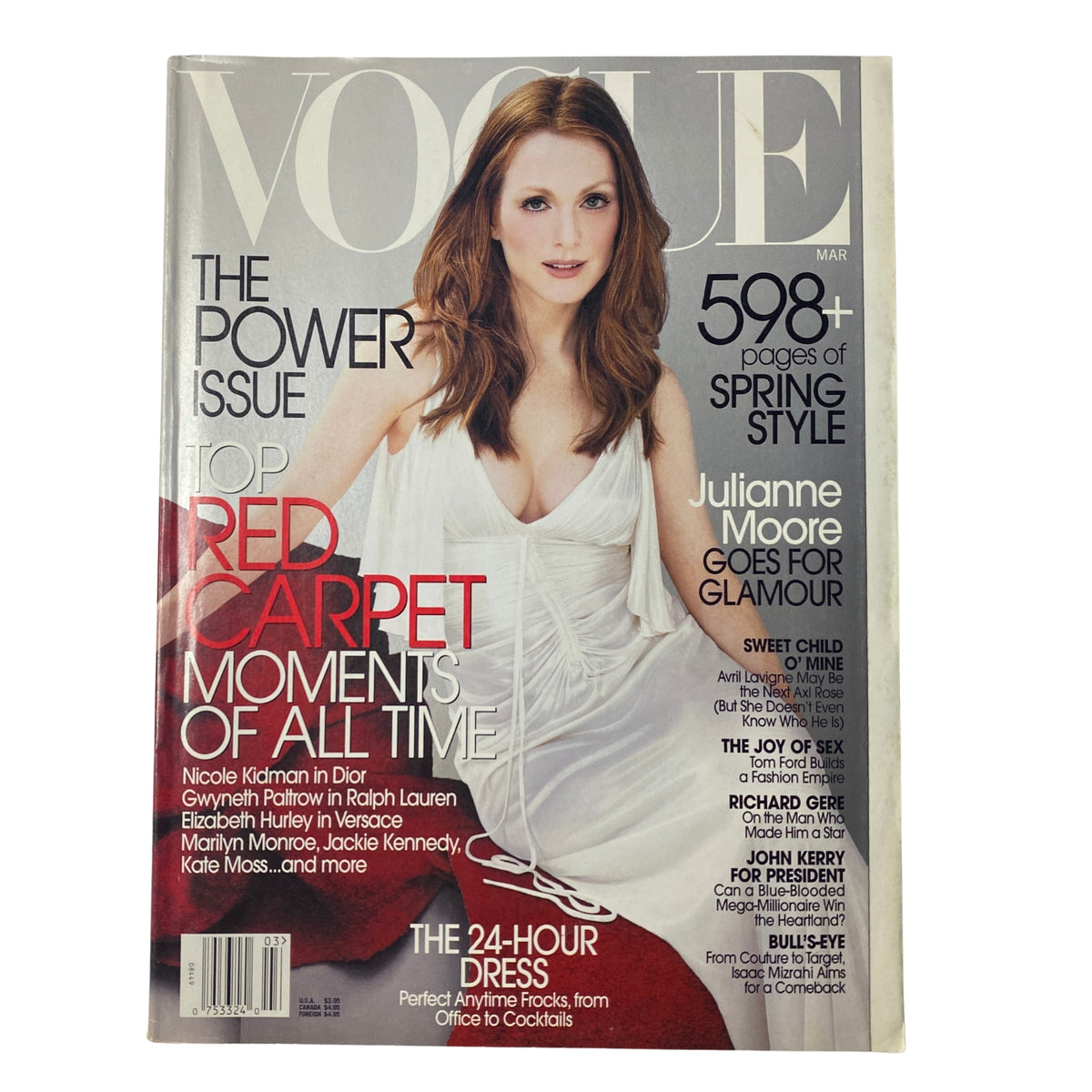 Cover of Vogue Magazine March 2003 featuring Julianne Moore styled by Tonne Goodman. The cover highlights 'The Power Issue' with top red carpet moments and spring style, showcasing Moore in a white gown.