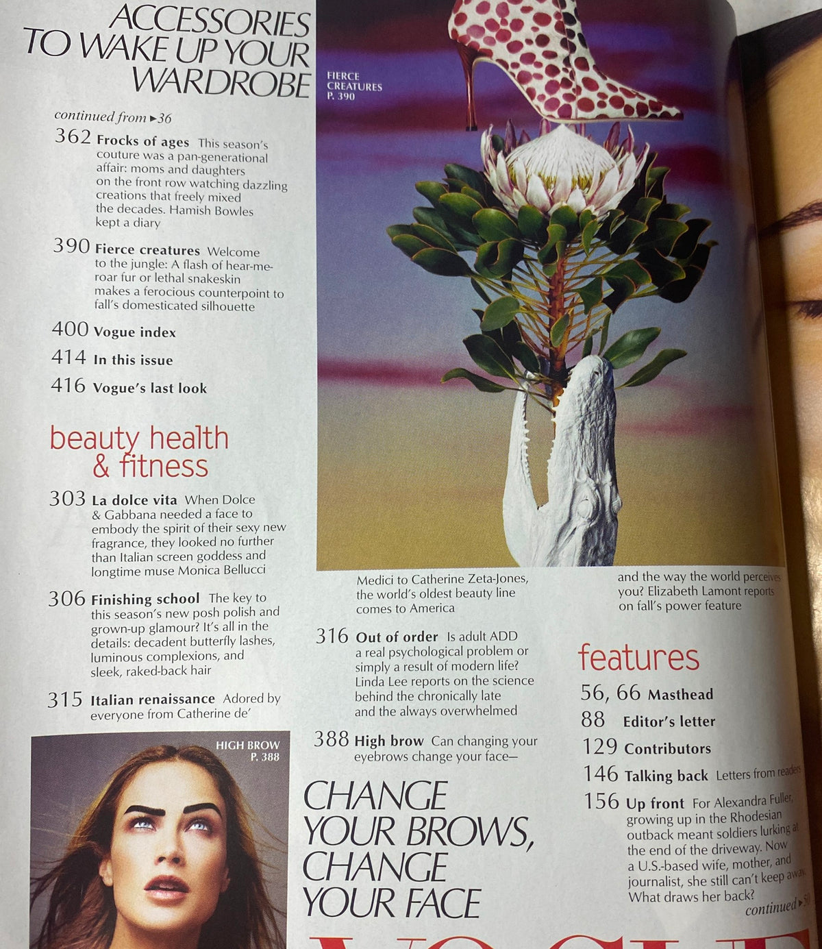 Interior page from Vogue Magazine October 2003, showcasing articles on fashion accessories, beauty health, and notable features relevant to the issue.