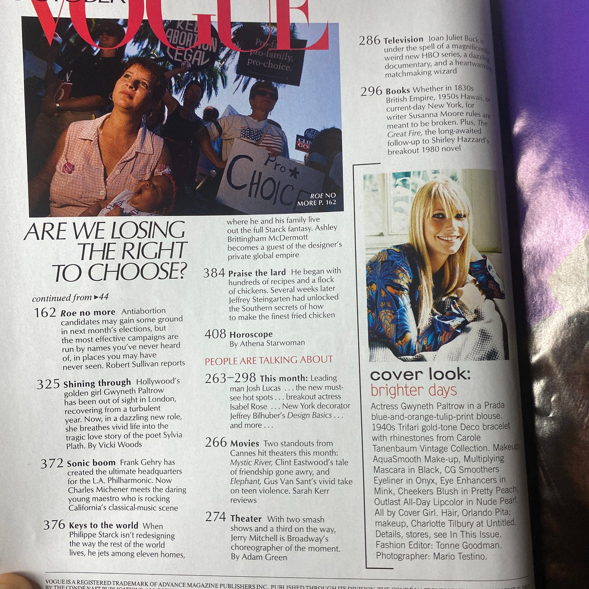 Vogue Magazine October 2003 Gwyneth Paltrow Cover No Label interior page featuring an article titled 'Are We Losing The Right To Choose?', addressing topics of antiabortion campaigns and featuring political commentary.