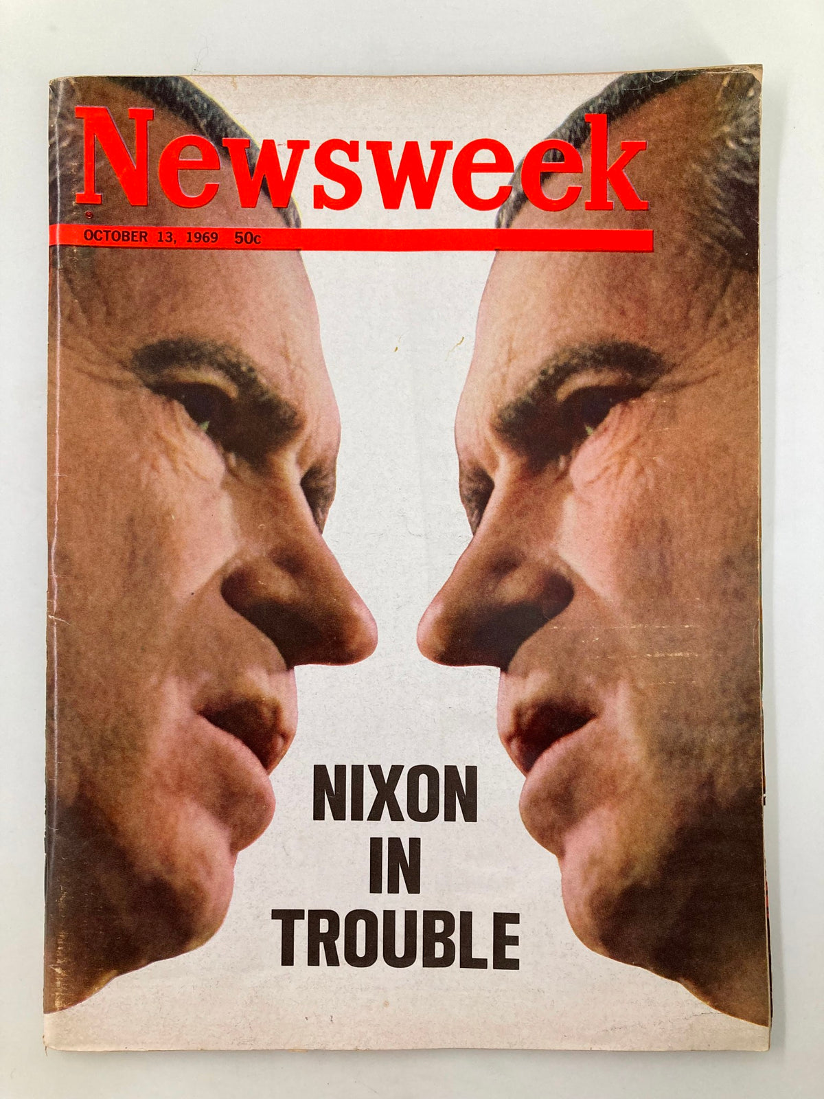 VTG Newsweek Magazine from October 13, 1969 featuring a cover story titled 'Nixon In Trouble' with striking facial images of Richard Nixon, a significant historical publication capturing the socio-political climate of the late 1960s.