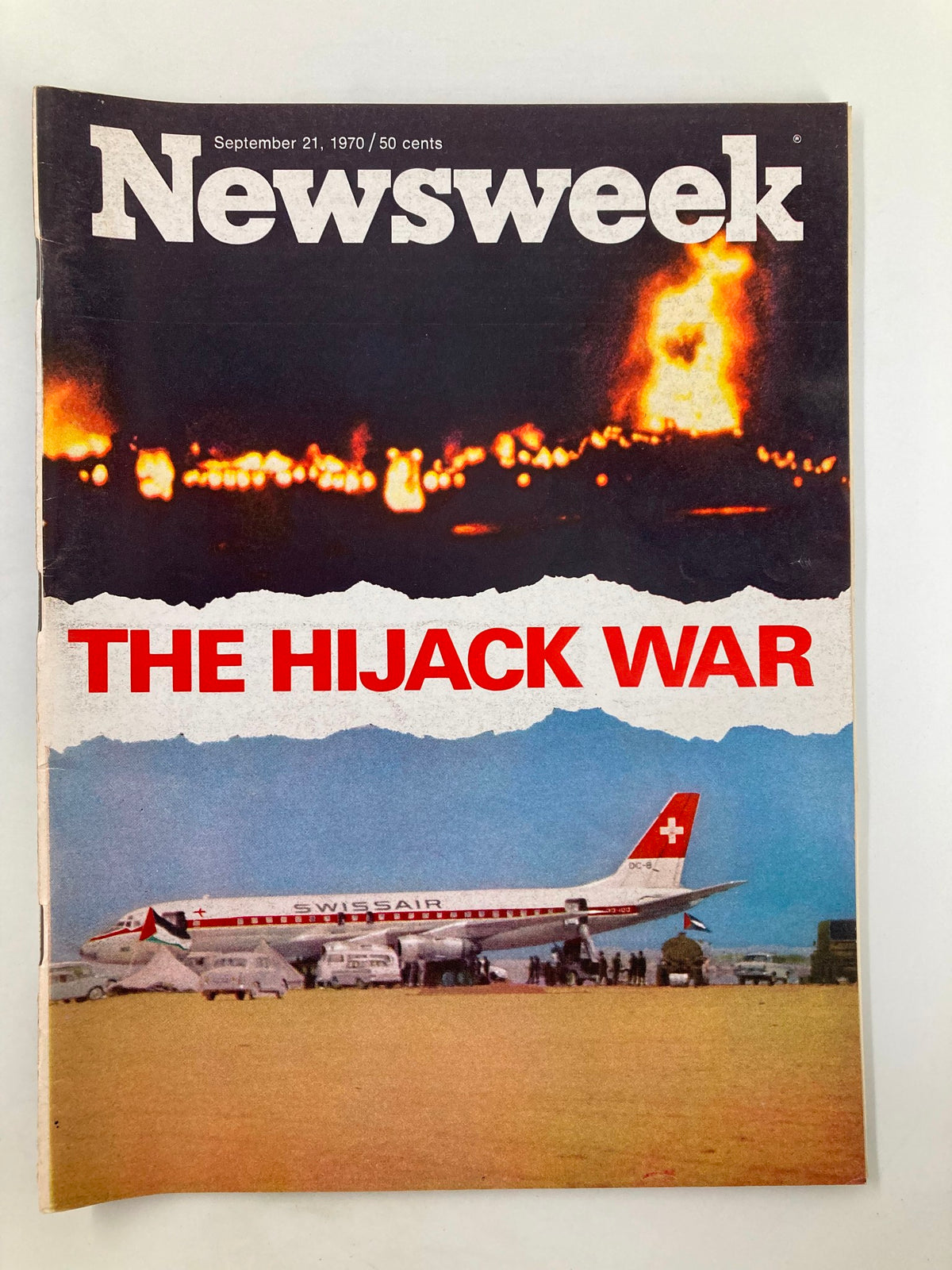 Cover of VTG Newsweek Magazine from September 21, 1970, featuring the title 'The Hijack War' with dramatic imagery of an aircraft and a burning background, highlighting the international crisis of hijacking.