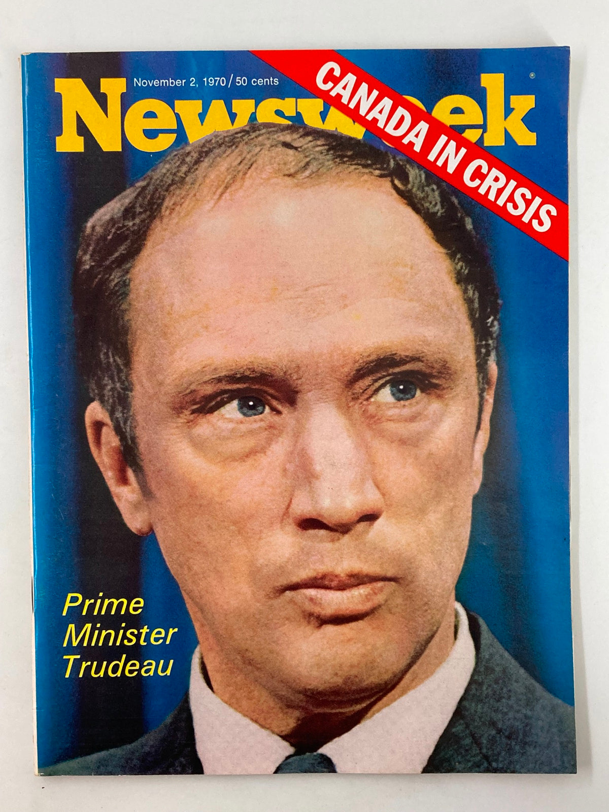 VTG Newsweek Magazine from November 2, 1970, featuring Prime Minister Trudeau on the cover with a headline reading 'Canada in Crisis'. This vintage magazine reflects the political climate of the time.