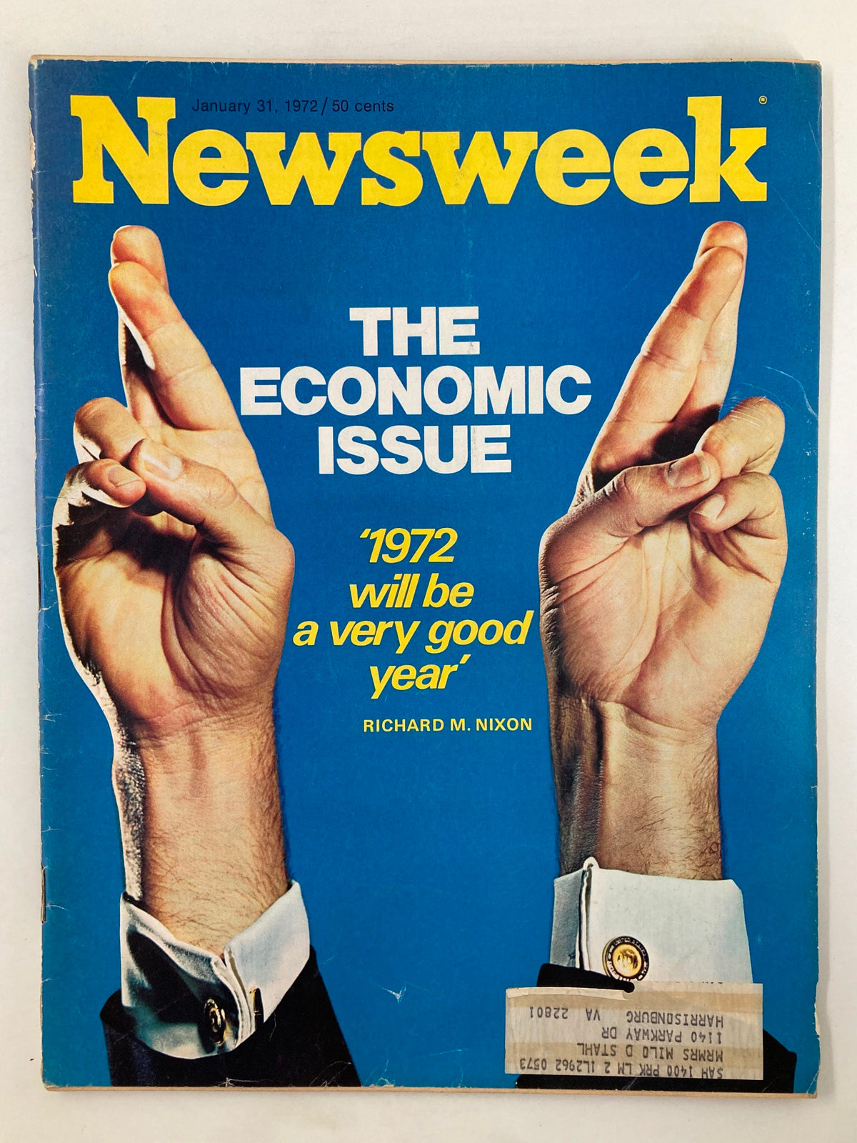 Cover of VTG Newsweek Magazine January 31 1972 featuring the headline '1972 Will Be A Very Good Year' and an image of hands crossing fingers, symbolizing hope. The magazine discusses economic issues and features Richard Nixon.