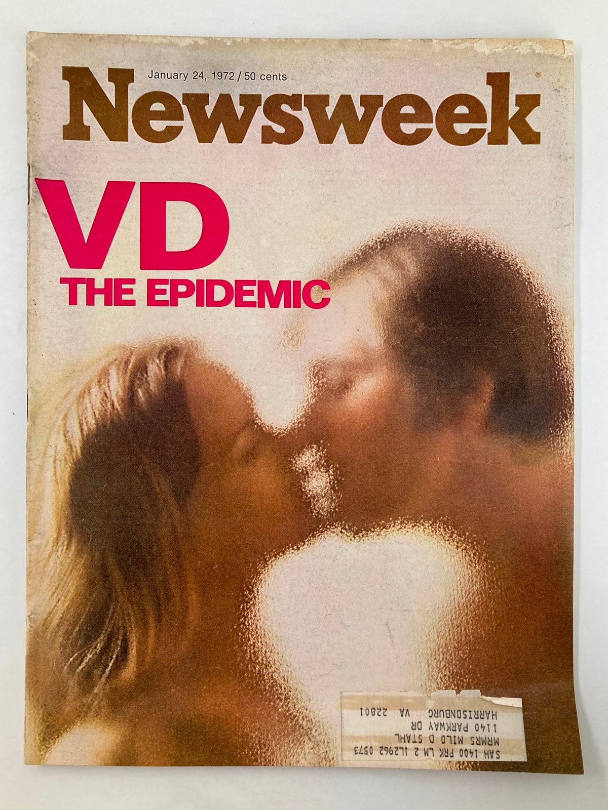 Vintage Newsweek Magazine from January 24, 1972, featuring the cover story 'VD The Epidemic' with a blurred image of two people kissing, showcasing the magazine's historical significance regarding health discussions.