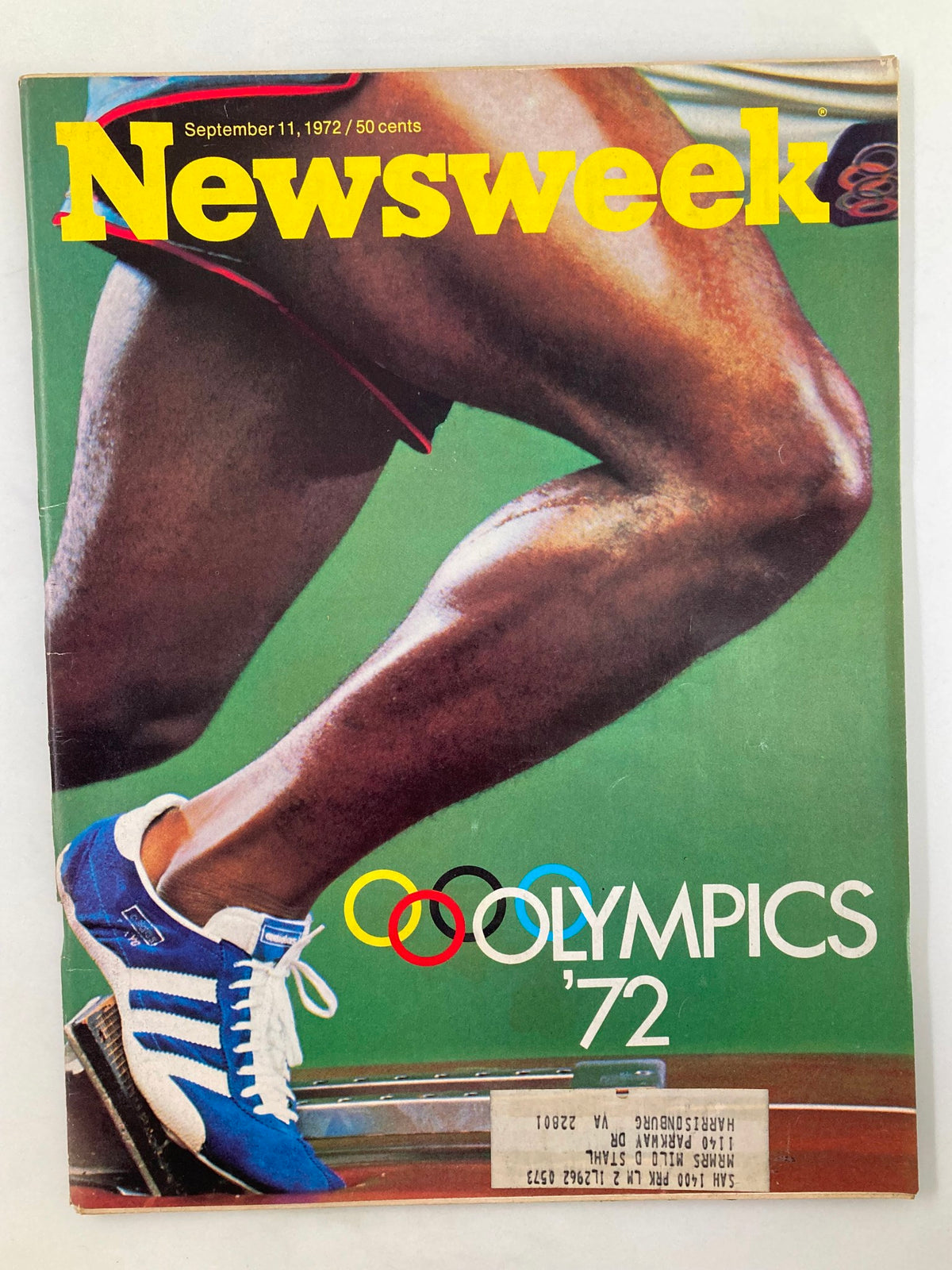 VTG Newsweek Magazine September 11 1972 cover featuring a dynamic image of an athlete's legs in action for the 1972 Olympics, showcasing iconic Olympic rings and a vibrant color scheme.