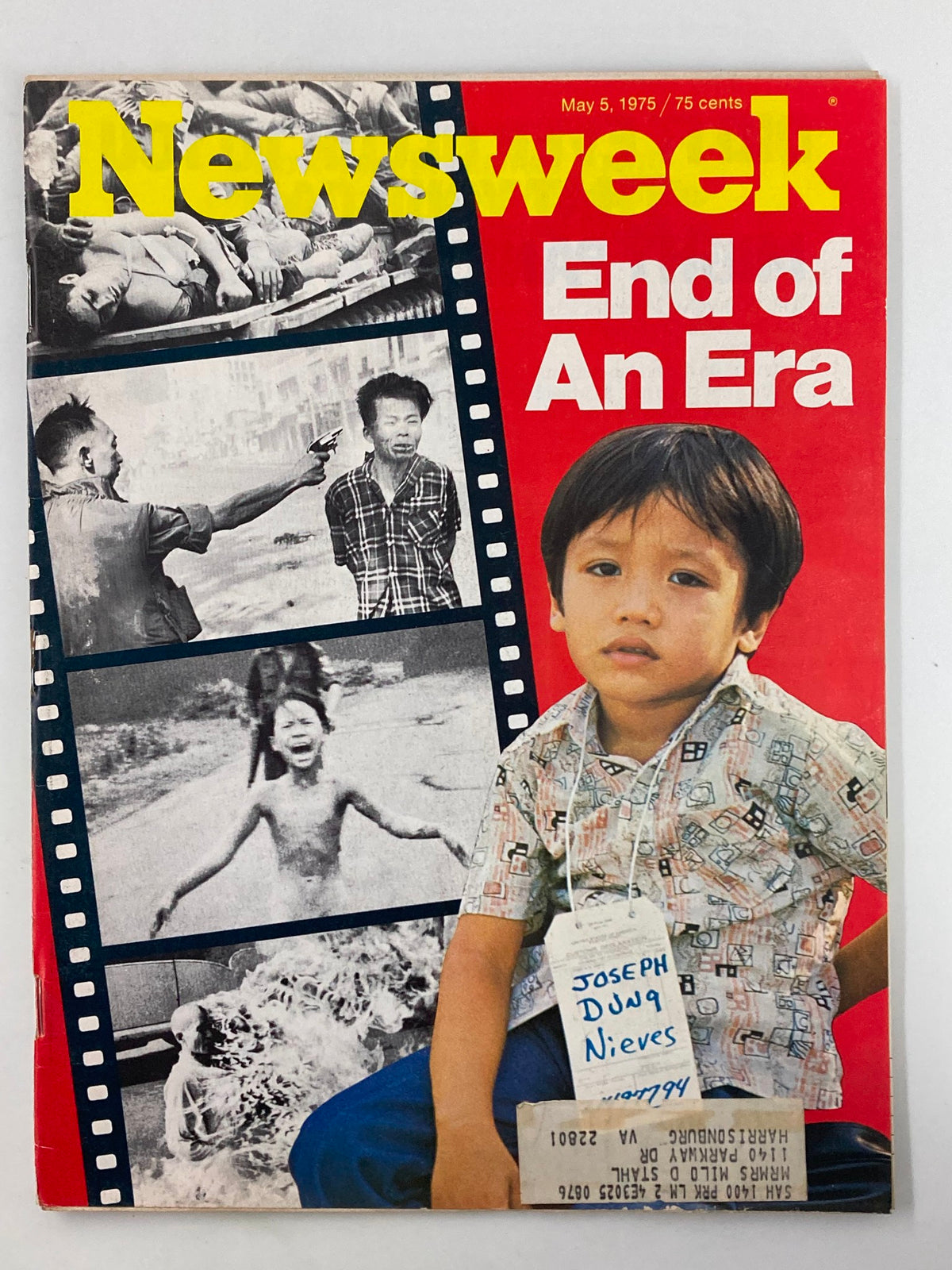 VTG Newsweek Magazine May 5 1975 featuring the cover story 'End of an Era', showcasing historical imagery and a portrait of a young child, capturing the cultural and political climate of the 1970s.