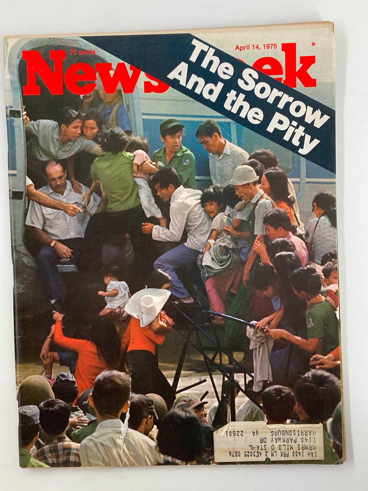 Vintage Newsweek Magazine cover from April 14, 1975, featuring the title "The Sorrow and The Pity." The cover showcases a poignant historical moment, illustrating individuals in distress, reflective of the socio-political climate of the mid-1970s, making it a valuable collectible for enthusiasts.
