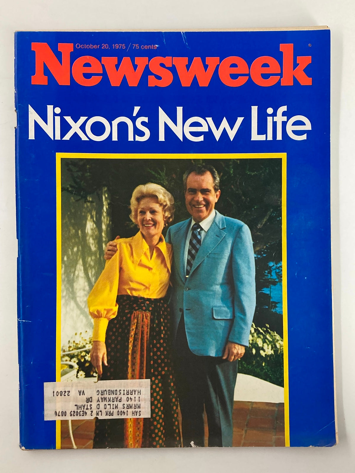 Vintage Newsweek magazine titled 'Nixon's New Life', dated October 20, 1975, featuring Richard Nixon and Pat Nixon on the cover. The image shows the couple posing outdoors, emphasizing their new life after the presidency.