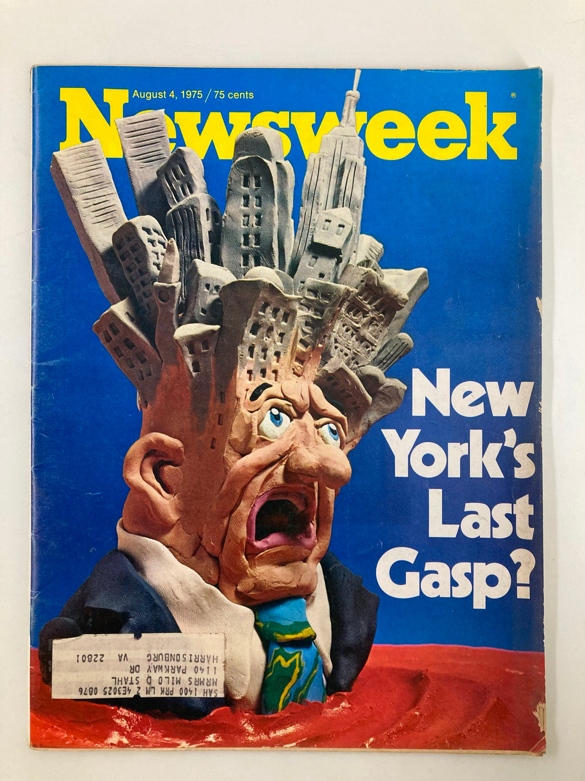 Vintage Newsweek magazine cover from August 4, 1975, titled 'New York's Last Gasp?'. The cover features a caricature of a distressed man with a city skyline for hair, set against a vibrant blue background.