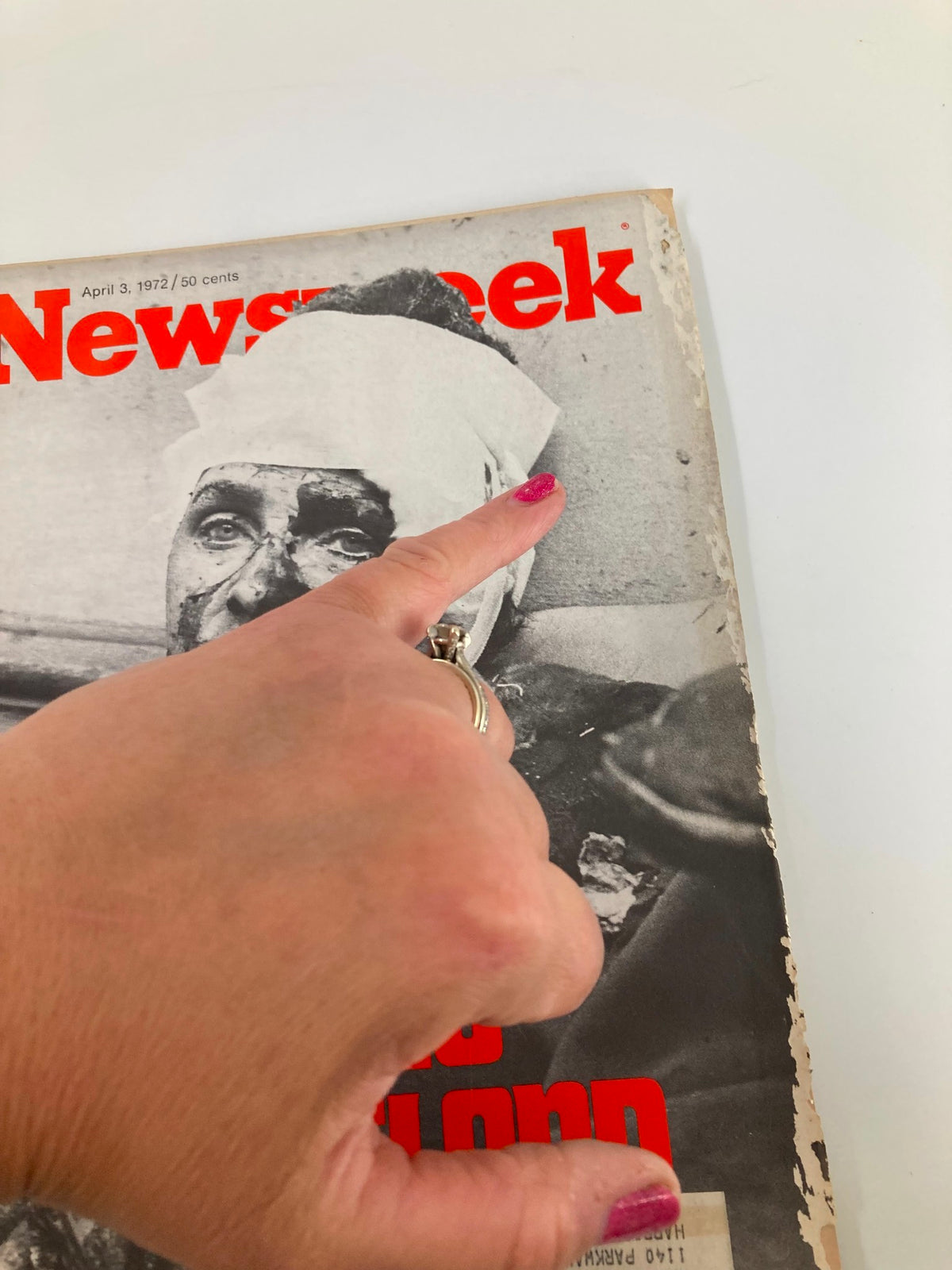 Close-up view of VTG Newsweek Magazine April 3 1972 cover with a hand pointing at the title 'Bleeding Ireland', highlighting its historical significance.