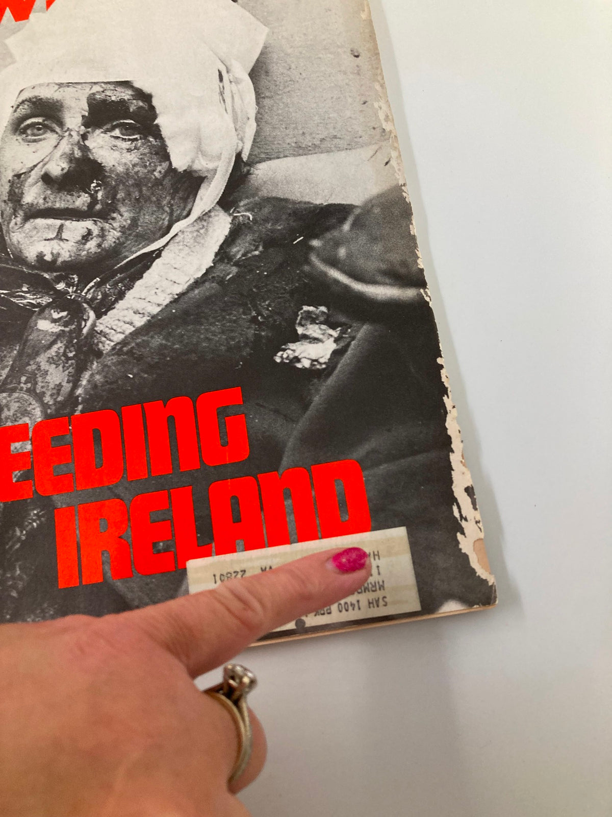 Detailed shot of the cover of VTG Newsweek Magazine April 3 1972, focusing on the title 'Bleeding Ireland' and a label at the bottom, underscoring its vintage appeal.