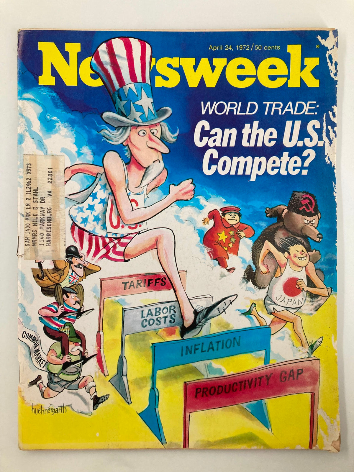 Cover of VTG Newsweek Magazine from April 24, 1972, featuring an illustration on world trade and the question 'Can the U.S. Compete?' with colorful graphics and various characters depicting global trade themes.