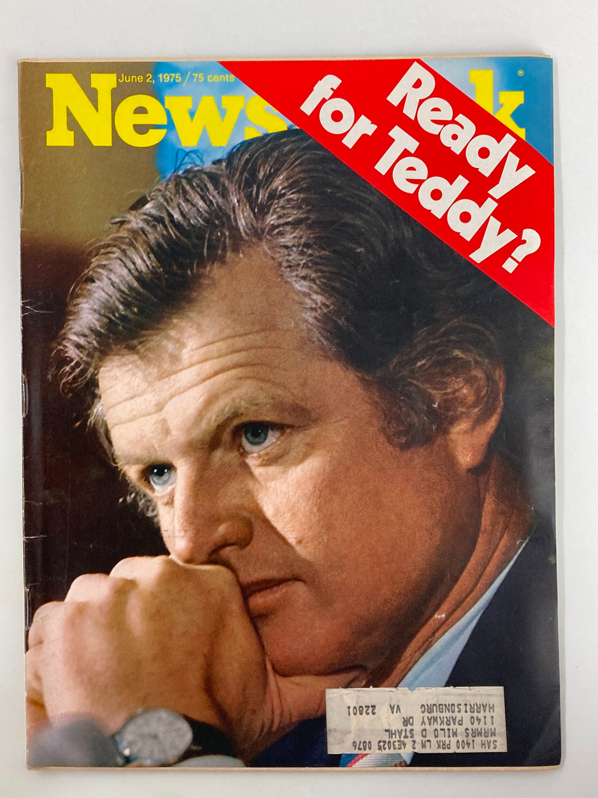 Cover of the VTG Newsweek Magazine from June 2, 1975, featuring the headline 'Ready for Teddy?' with a thoughtful portrait of a man. This vintage magazine is a collectible piece reflecting the political climate of the era.