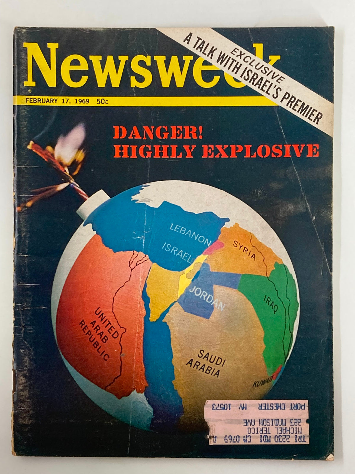VTG Newsweek Magazine February 17 1969 cover showcasing a globe with geopolitical tensions labeled as 'Danger! Highly Explosive' alongside an exclusive interview with Israel's Premier.