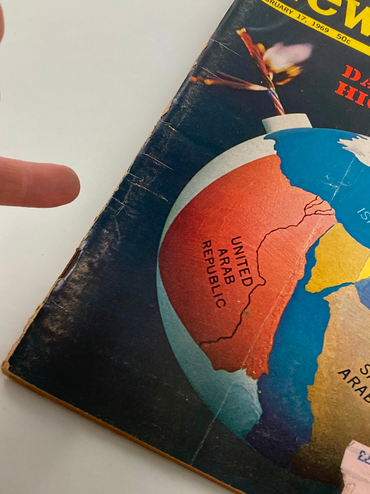 Detail of VTG Newsweek Magazine February 17 1969 showing the globe with a focus on the United Arab Republic section, indicating geopolitical dynamics in the Middle East.