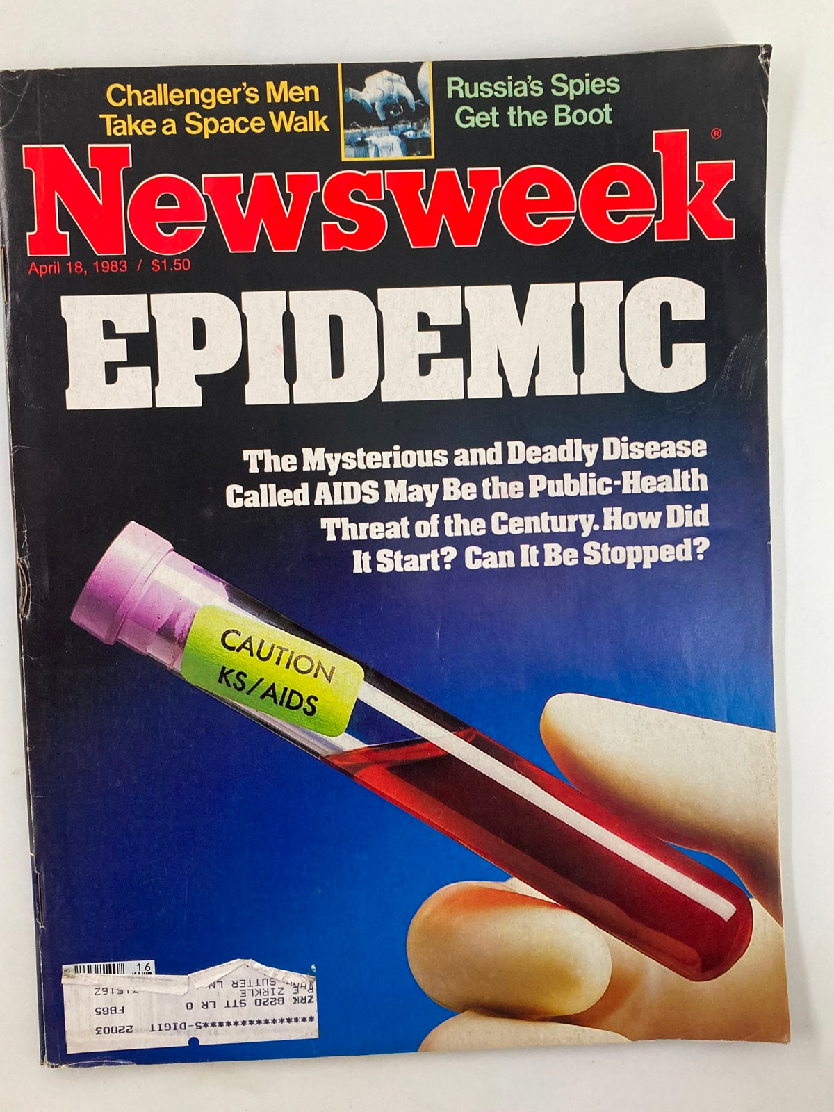 Cover of Newsweek Magazine dated April 18, 1983, highlighting the article 'The Mysterious and Deadly Disease Called AIDS.' The display includes a test tube with a caution label, emphasizing the urgency of the public health threat.