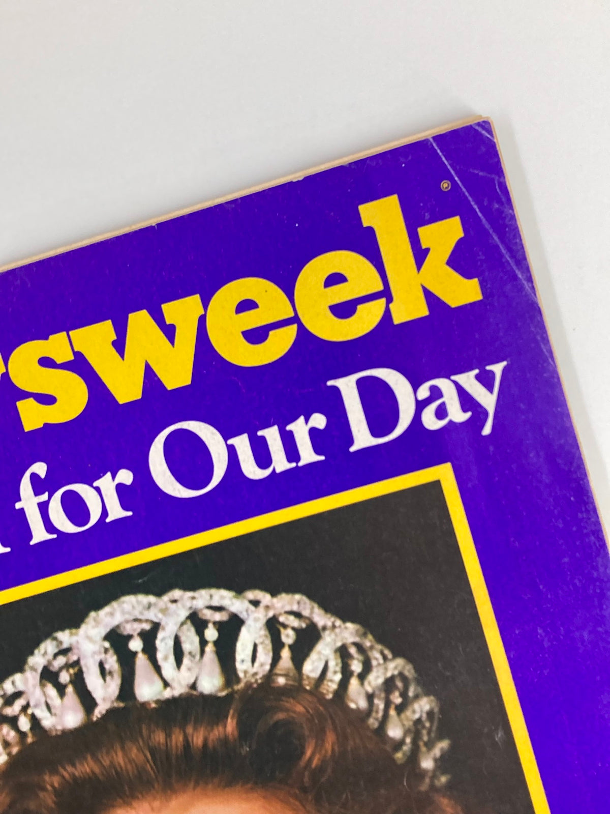 Close-up of the VTG Newsweek Magazine June 13 1977 title 'Queen for Our Day', highlighting the elegant design and the tiara worn by Queen Elizabeth.