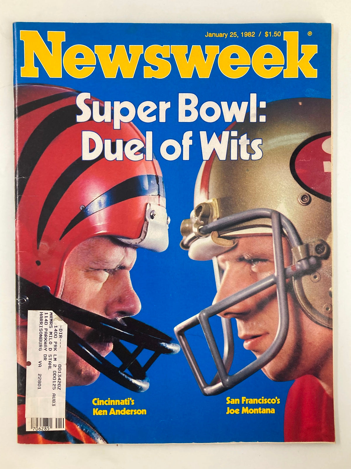 Cover of Newsweek Magazine dated January 25, 1982, featuring a football-themed duel between Ken Anderson and Joe Montana, emphasizing their rivalry for the Super Bowl.