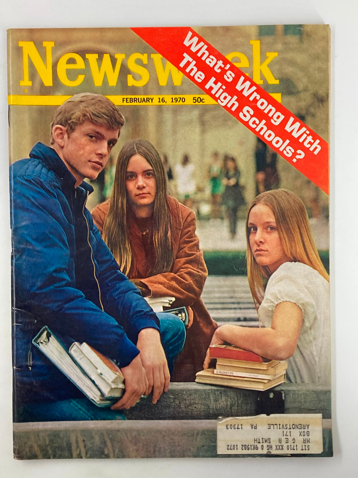 Vintage Newsweek magazine cover from February 16, 1970, featuring three teenagers and the headline 'What's Wrong with The High Schools?'. This iconic issue presents insights into educational challenges of the era.