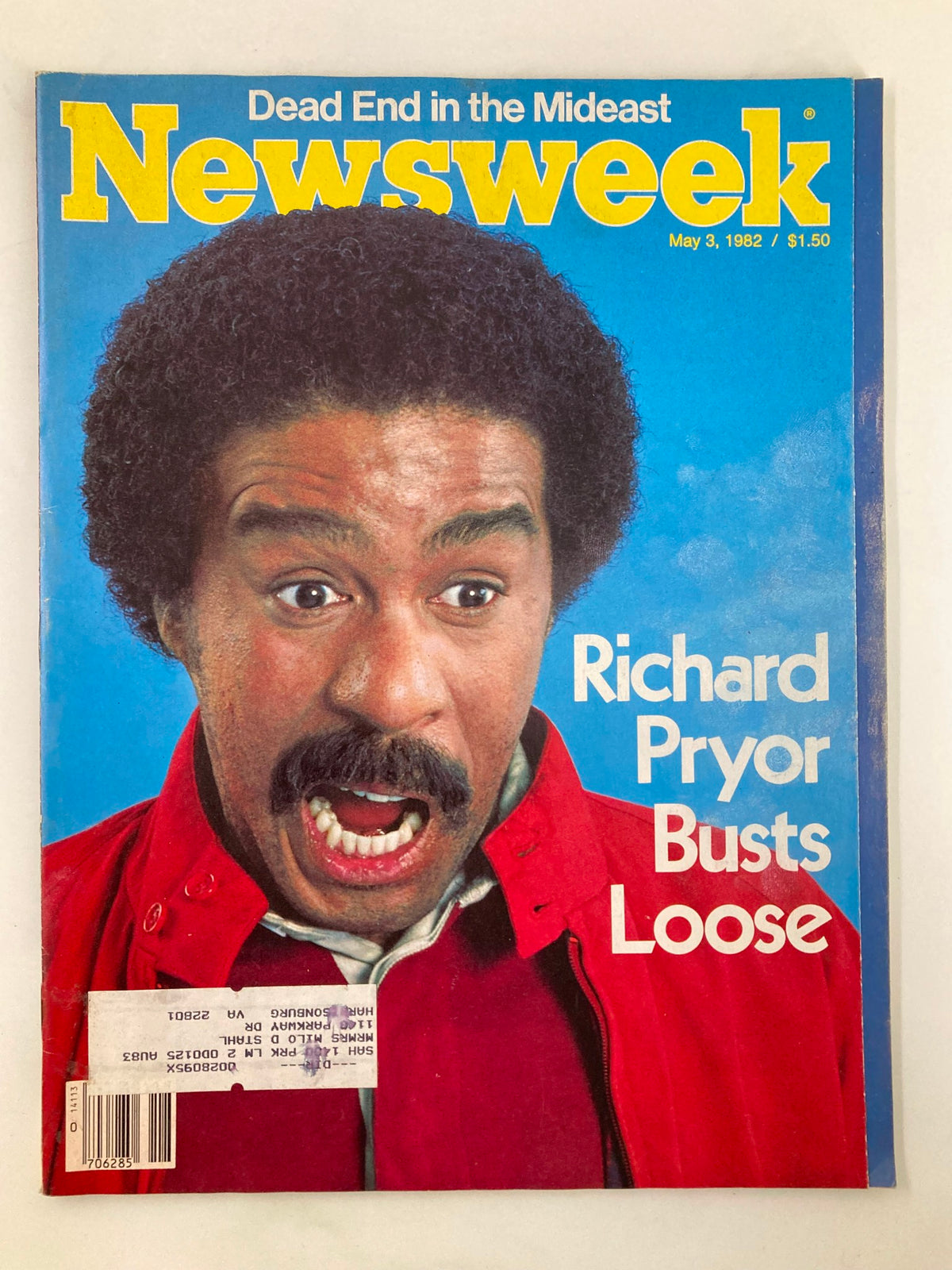 Cover of Newsweek magazine from May 3, 1982, featuring Richard Pryor with an expressive facial expression, under the title 'Richard Pryor Busts Loose'.