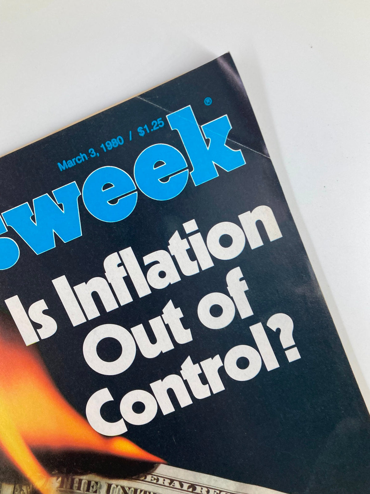 Top section of the VTG Newsweek Magazine March 3 1980 showing the date and price along with the headline 'Is Inflation Out of Control?' against a black background.