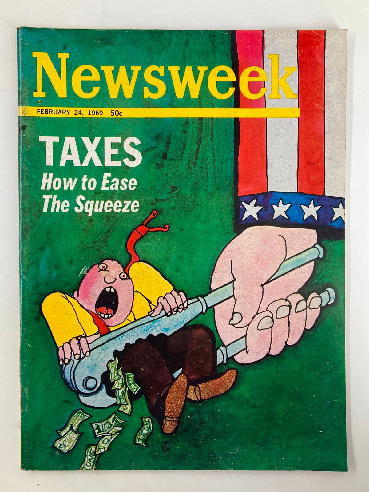 VTG Newsweek Magazine February 24 1969 cover featuring an illustration related to taxes and financial insights, titled 'How to Ease The Squeeze', with a playful cartoon style depicting a distressed man and money.