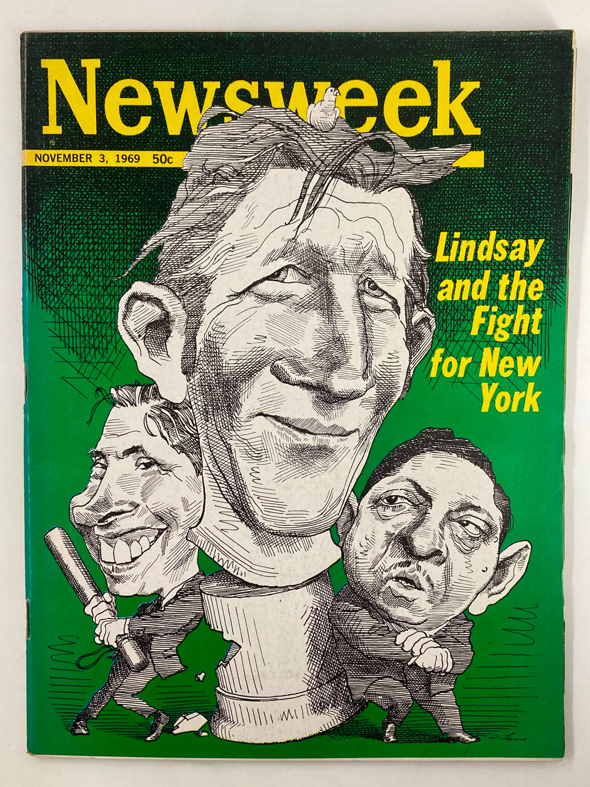 VTG Newsweek Magazine November 3 1969 featuring a caricature of John Lindsay and political figures, capturing the essence of the fight for New York City.