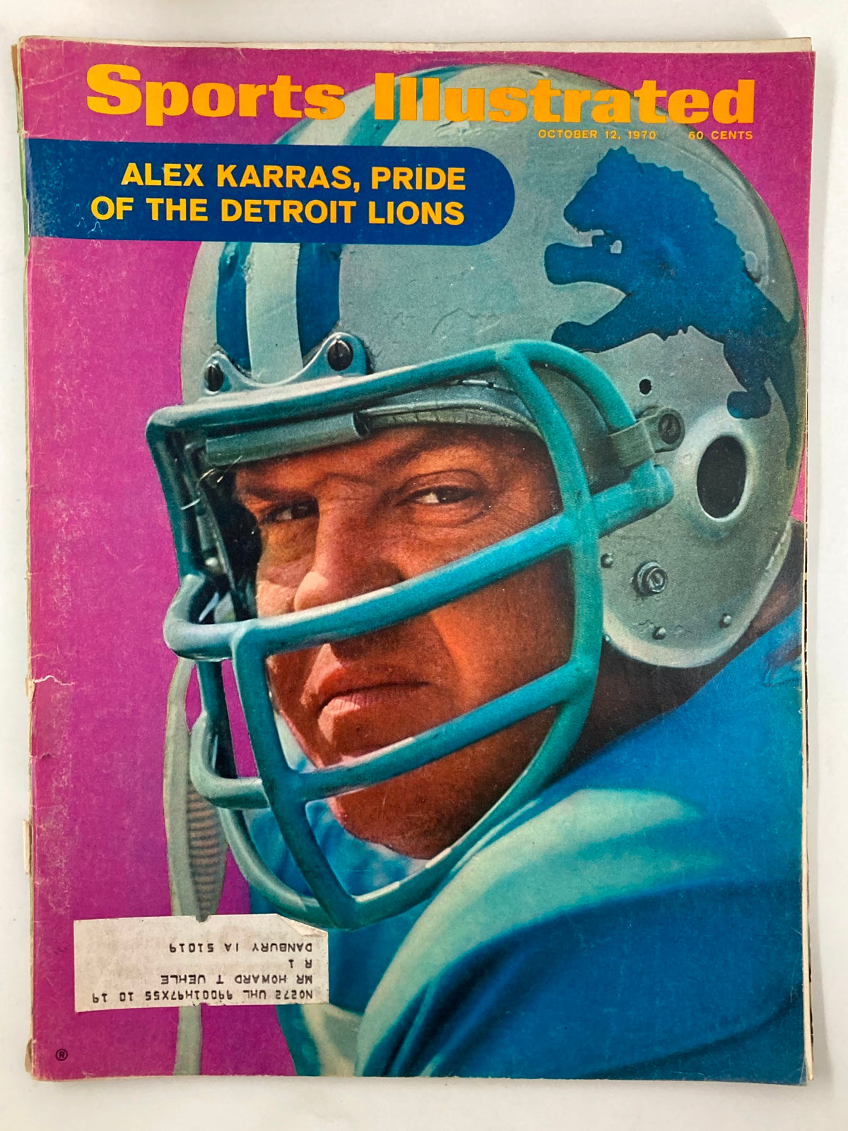 Cover of the Vintage Sports Illustrated magazine from October 12, 1970, featuring Alex Karras, Pride of the Detroit Lions, depicting Karras in a football helmet with a striking expression and a colorful background.