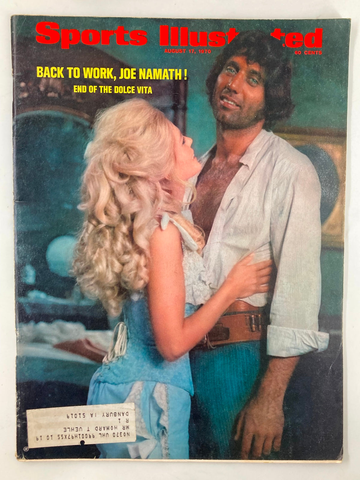 Sports Illustrated magazine cover from August 17, 1970, featuring Joe Namath in 'Back To Work Joe Namath!' with a woman in a vintage outfit, showcasing an iconic moment in American sports history.