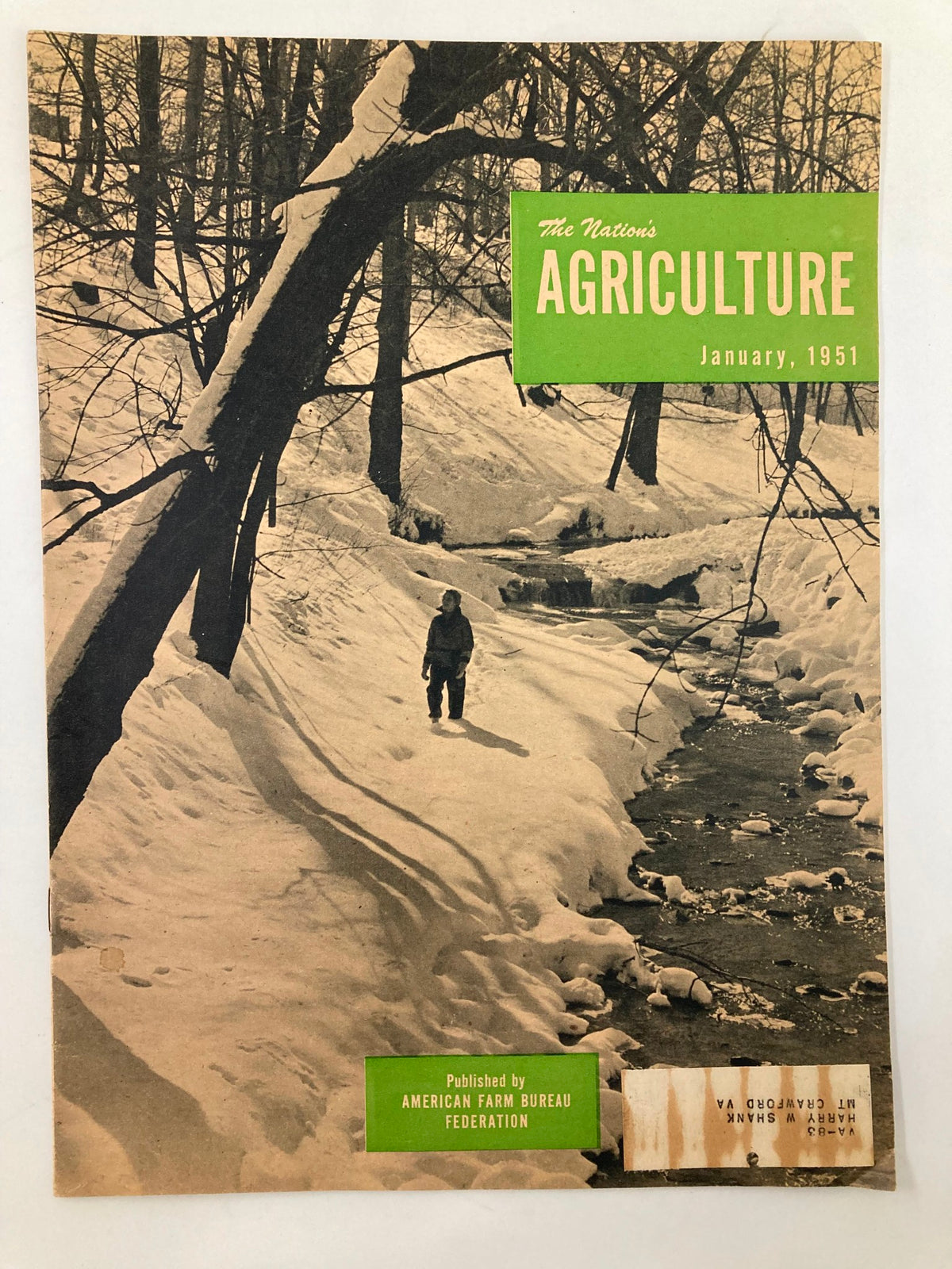 Cover of VTG The Nation's Agriculture Magazine January 1951, showcasing a vintage photograph of a person walking in snow near a creek, published by the American Farm Bureau Federation.