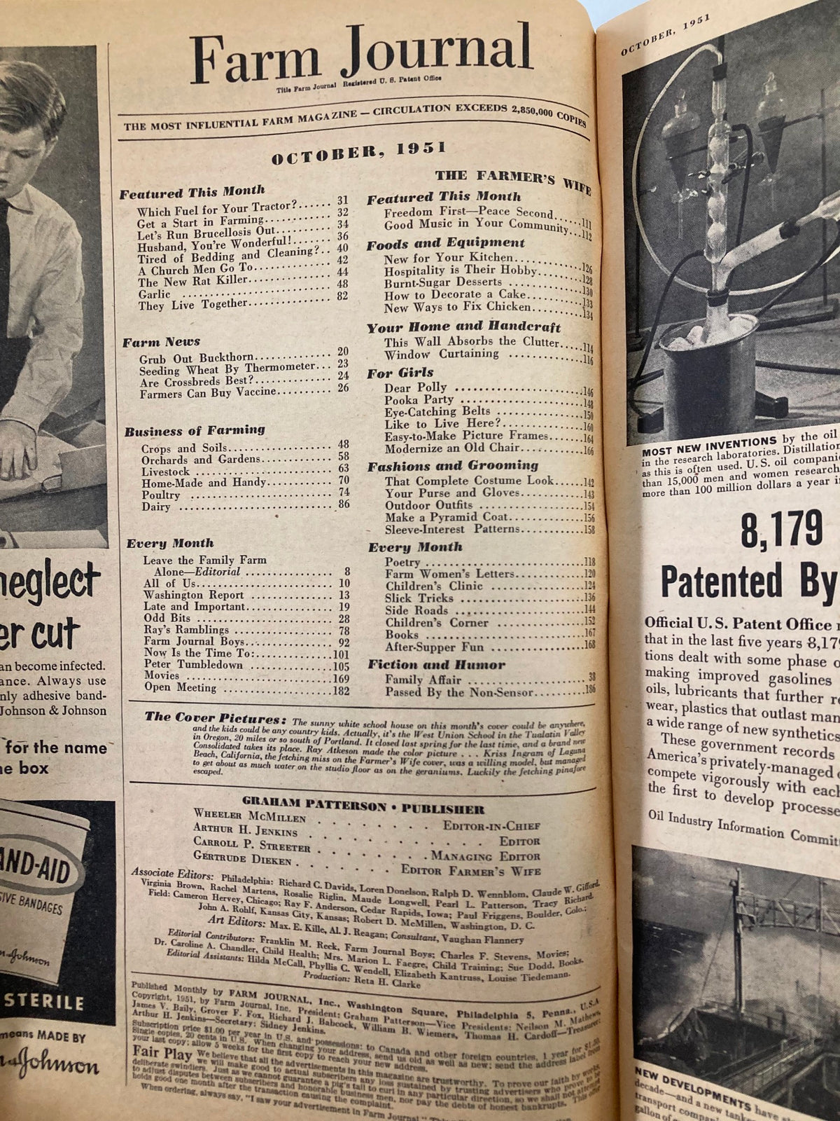 Inside page of the October 1951 Farm Journal Magazine displaying the table of contents. The page highlights features such as 'Freedom First-Peace Second' and various articles related to farming and home life.