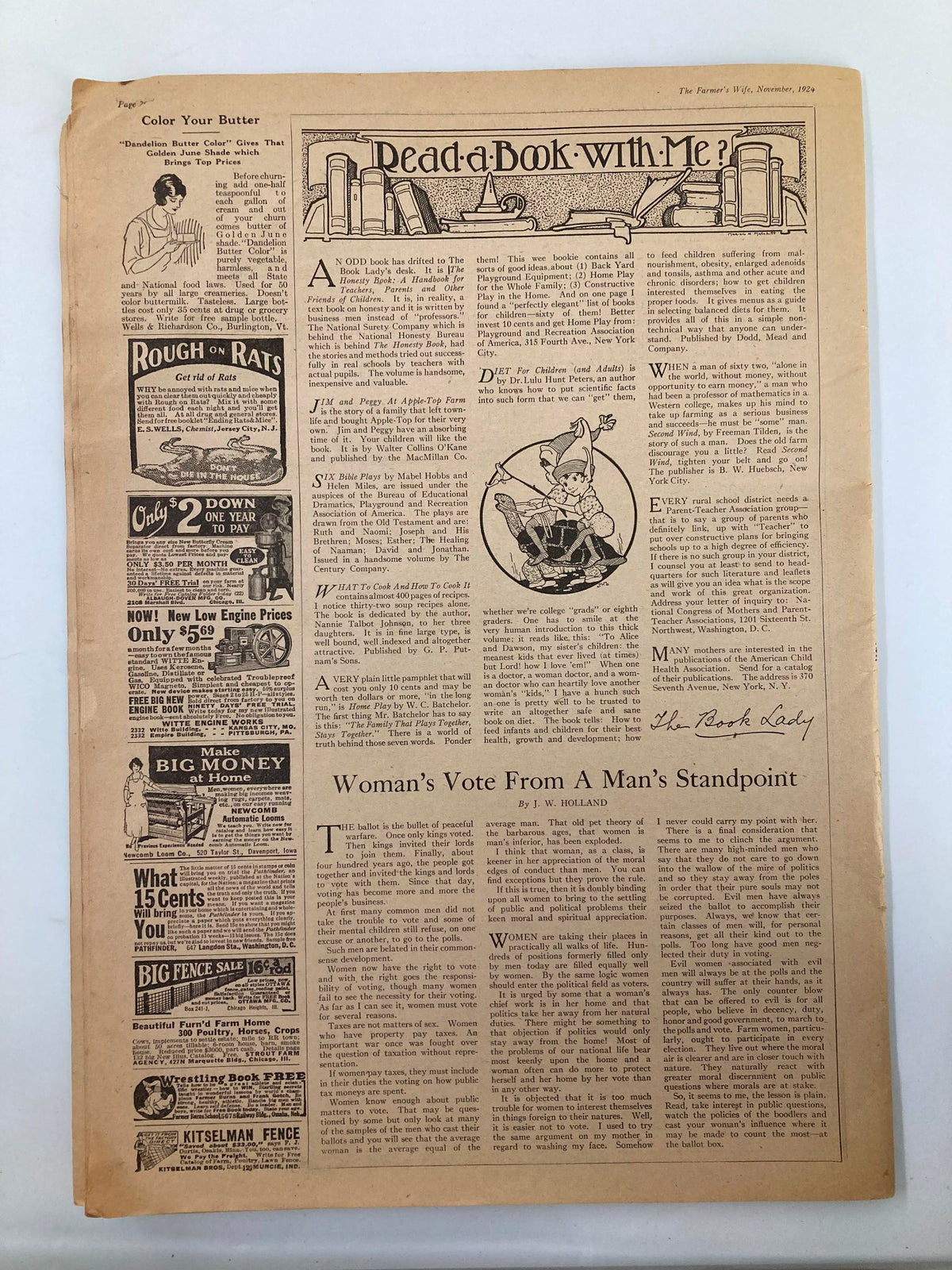 Another page from VTG The Farmer's Wife Magazine November 1924 displaying a discussion on reading habits and children's literature in vintage Americana.