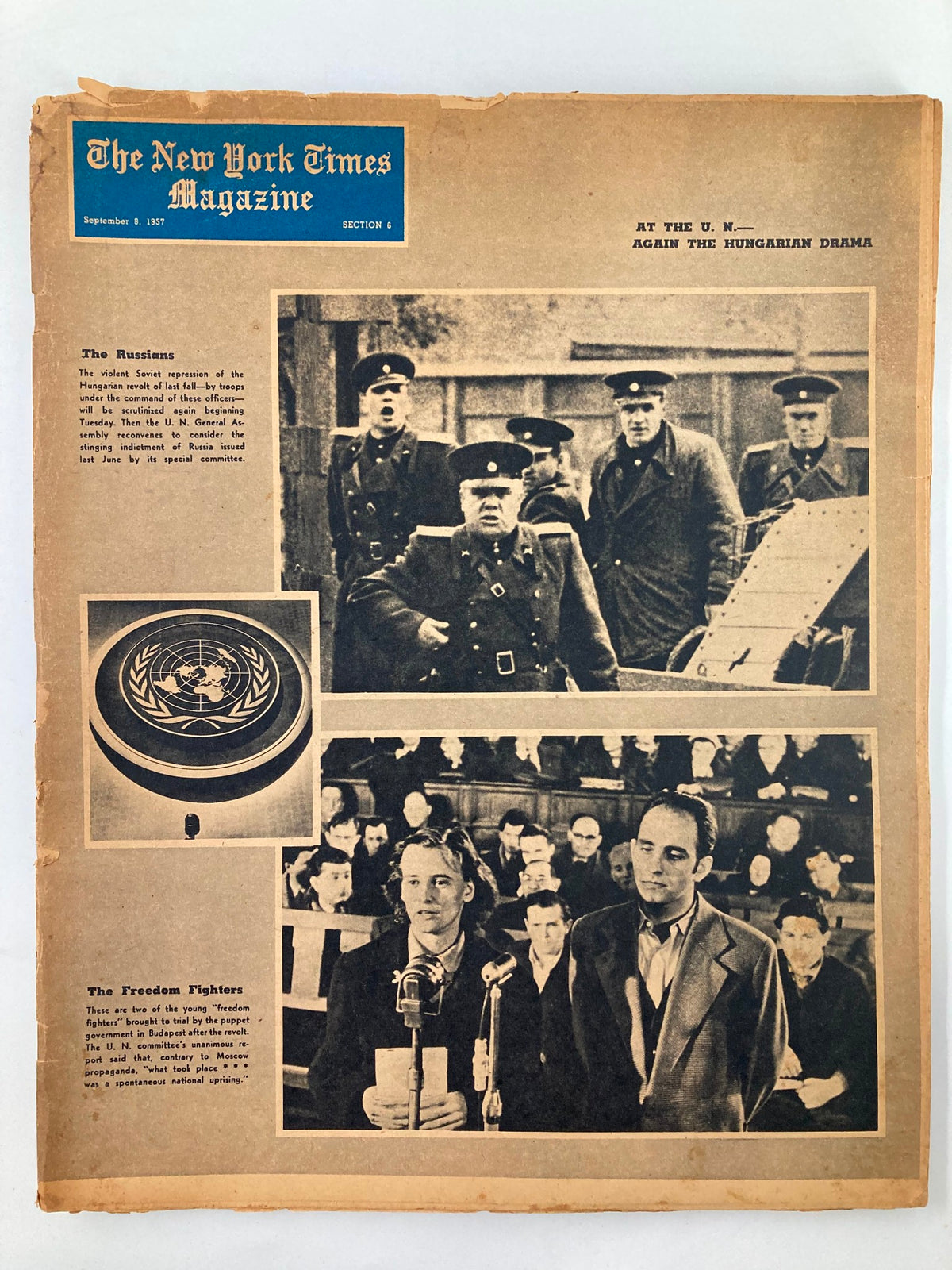 Cover of VTG The New York Times Magazine September 8 1957, featuring title 'The Russians' with historical images related to the Hungarian uprising.