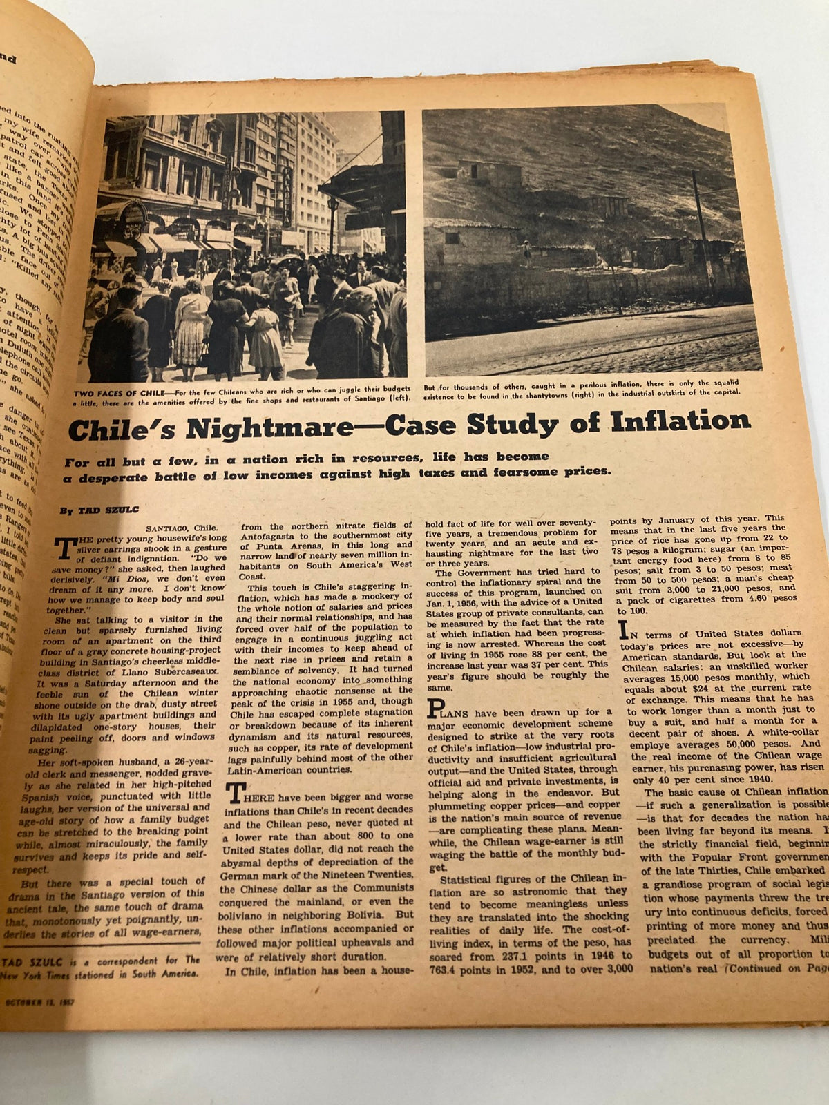 VTG The New York Times Magazine October 13 1957 highlighting an article on Chile's economic struggles, depicting a crowded street in Santiago with an emphasis on inflation.