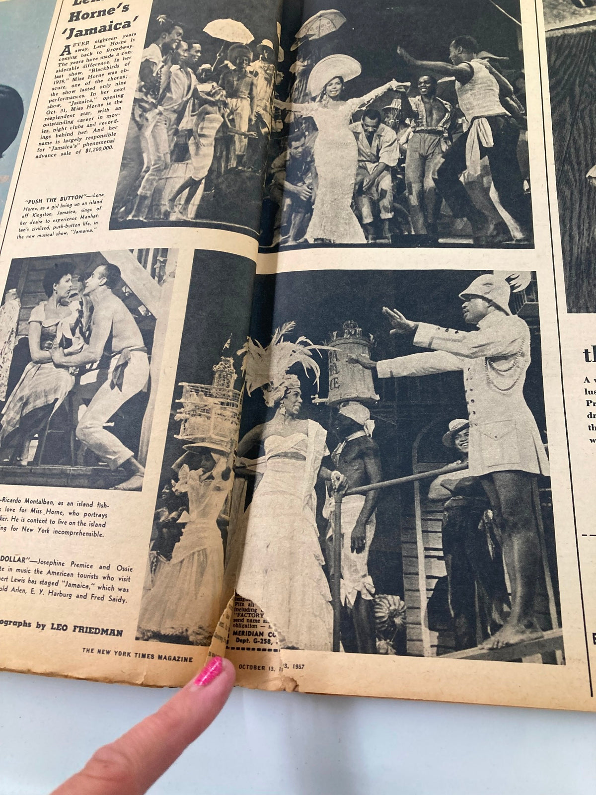 VTG The New York Times Magazine October 13 1957 featuring a cultural piece on 'Jamaica' with performances, showcasing vibrant images of dancers and actors in theatrical costumes.