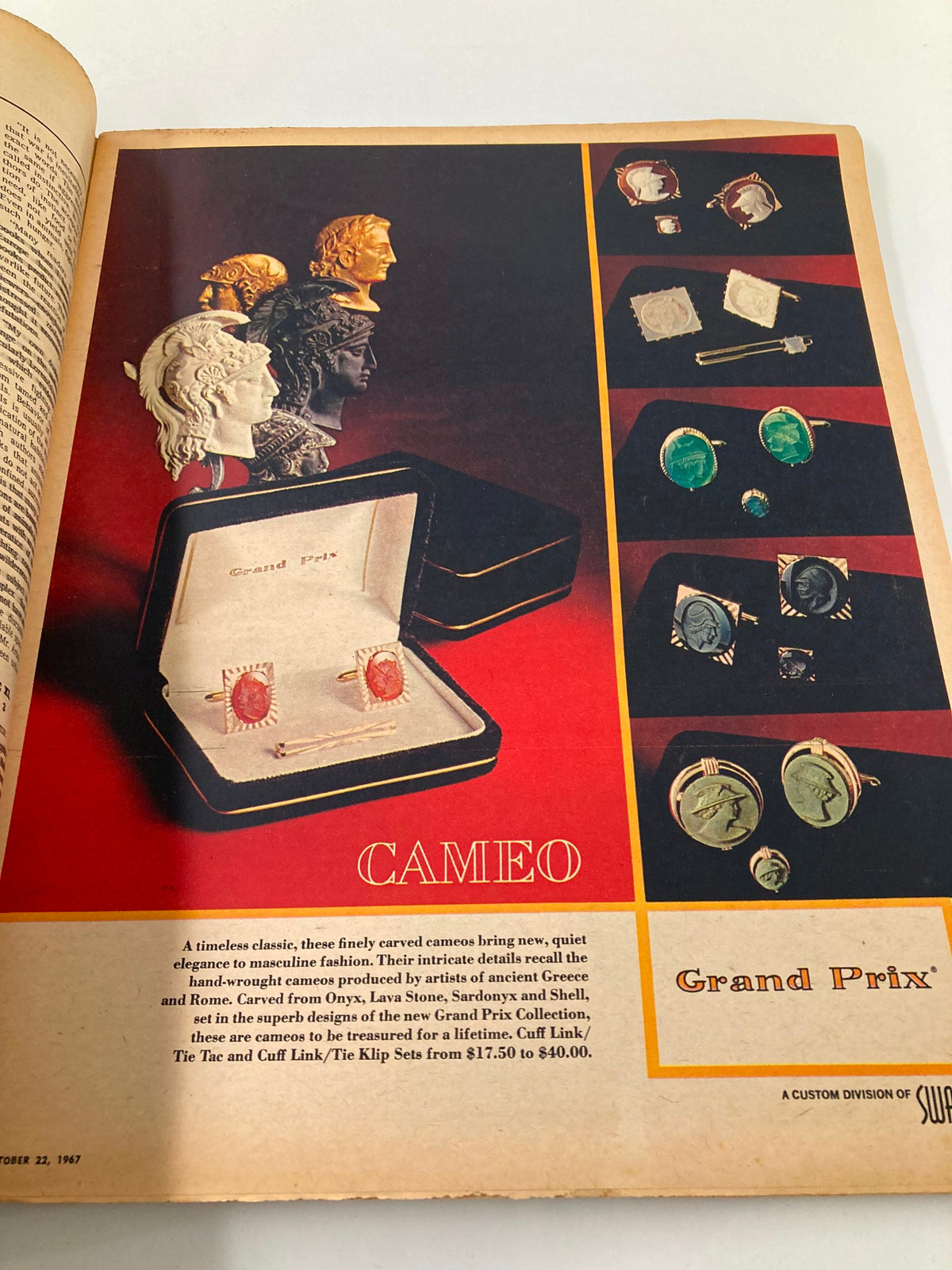 Advertising page featuring cameos in the VTG The New York Times Magazine October 22 1967, illustrating elegant jewelry options and their pricing.
