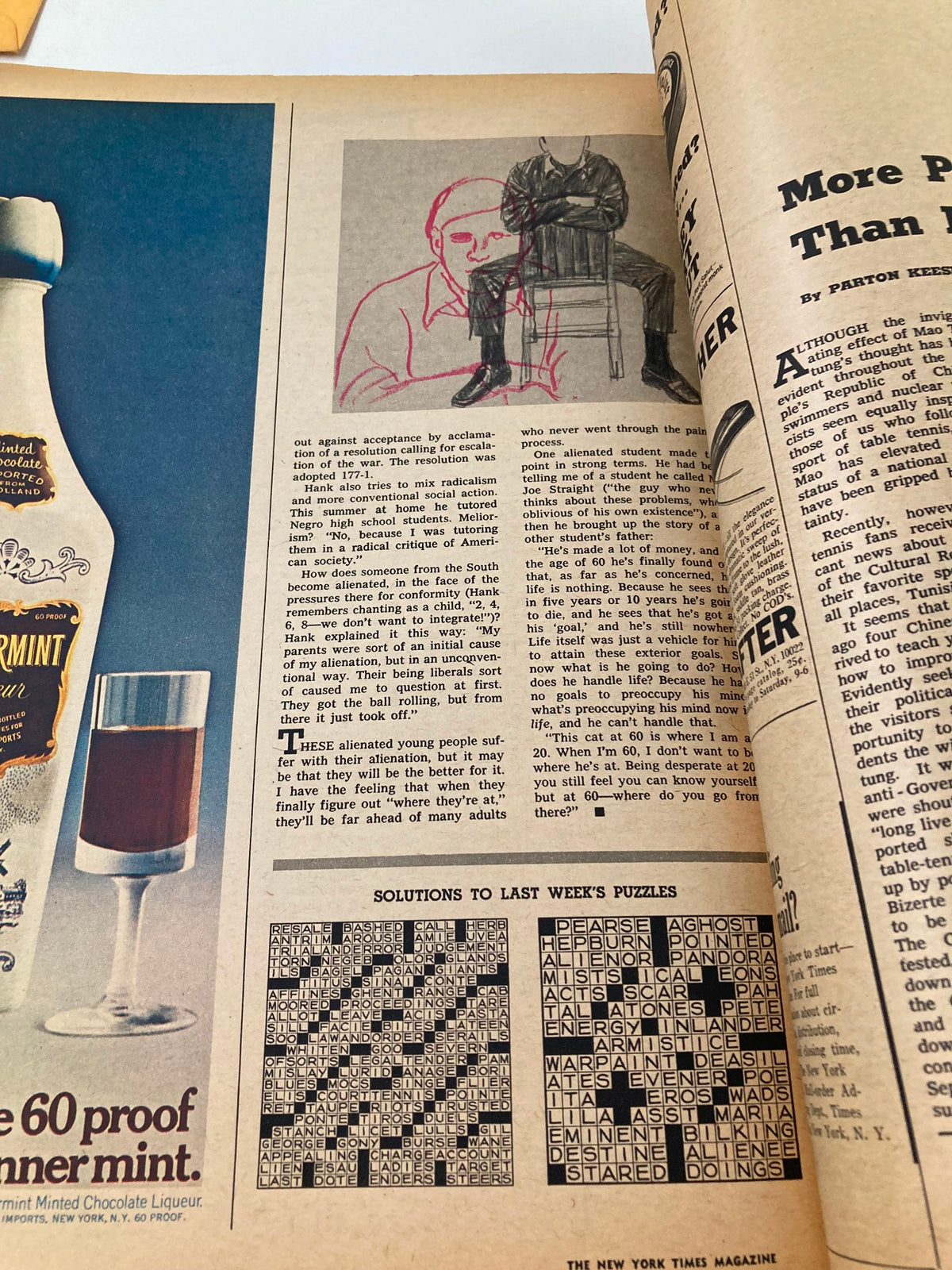 Article with a hand-drawn figure discussing societal issues in The New York Times Magazine, October 22, 1967, alongside solutions to puzzles.