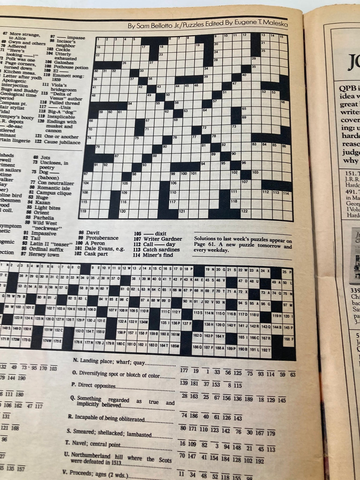 Crossword puzzle page from VTG The New York Times Magazine February 18, 1979, edited by Eugene T. Maleska, featuring a variety of clues and answers for readers to engage in.
