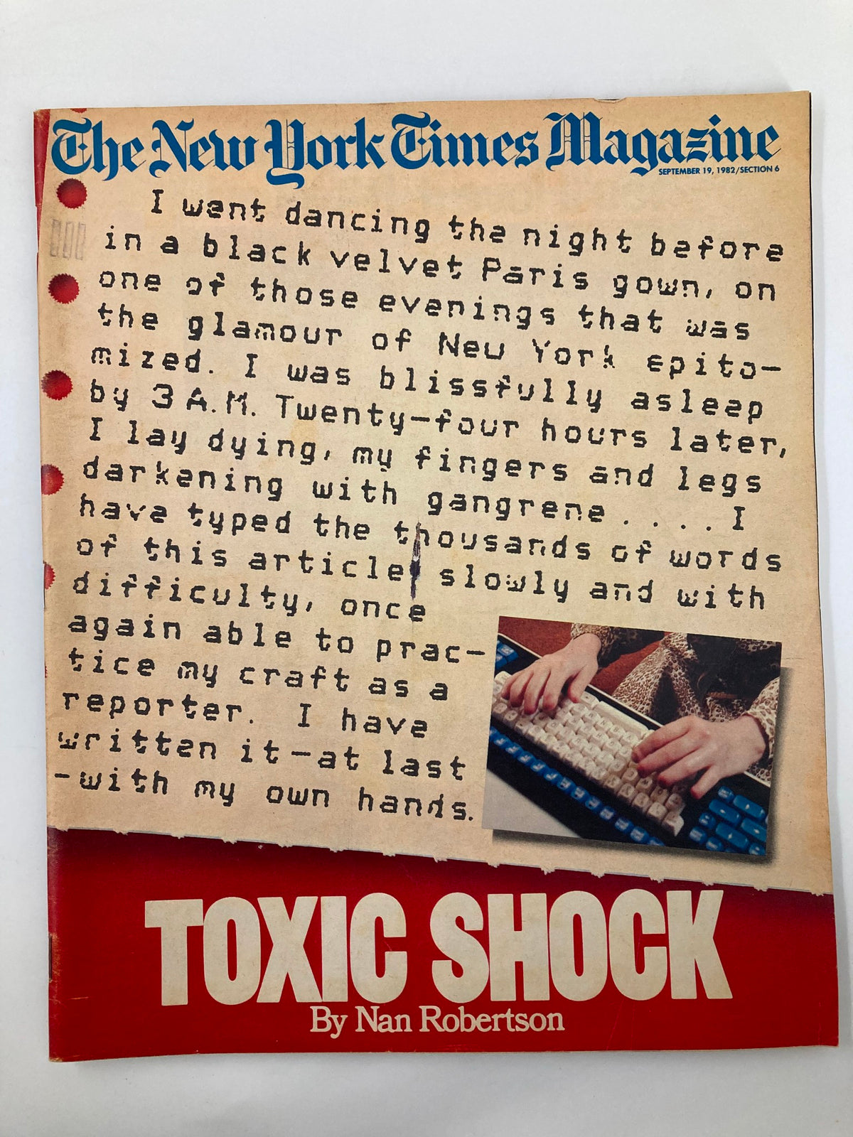 Cover of VTG The New York Times Magazine September 19 1982 featuring the article 'Toxic Shock' by Nan Robertson, showcasing vintage design and typography.
