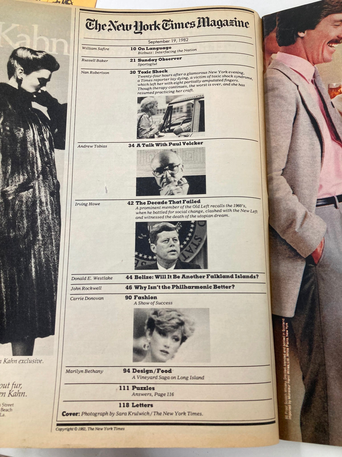 Contents page of VTG The New York Times Magazine September 19 1982, listing featured articles including 'Toxic Shock' by Nan Robertson.