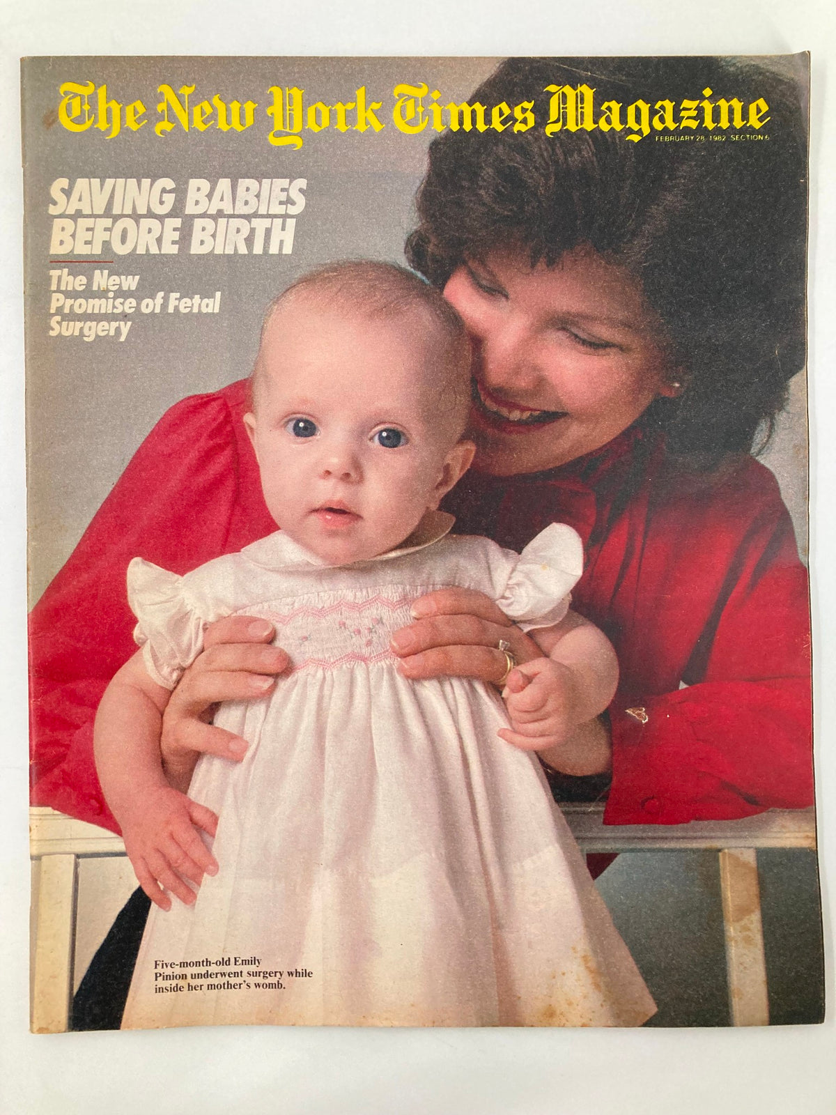 VTG The New York Times Magazine February 28 1982 cover featuring Baby Emily Pinion and her mother, highlighting the article 'Saving Babies Before Birth' with a focus on fetal surgery.