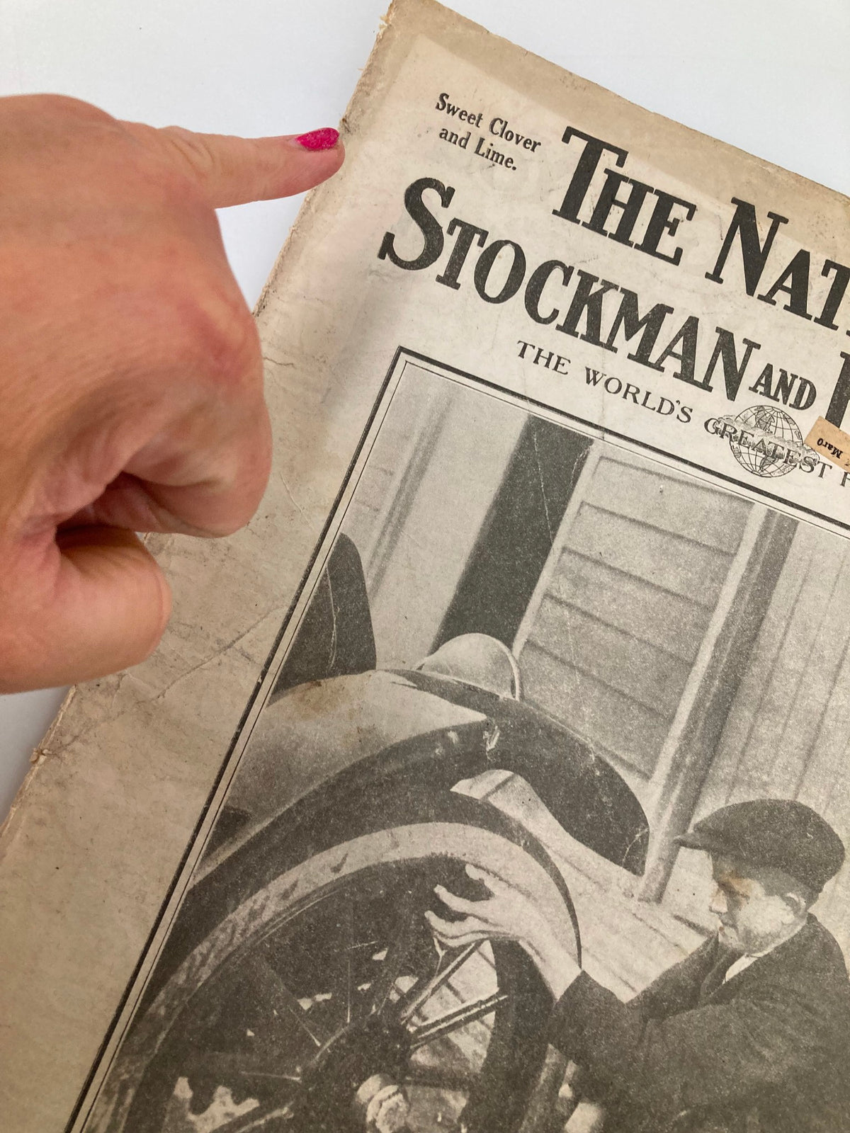 Close-up of the cover of VTG The National Stockman and Farmer magazine, highlighting the label 'Sweet Clover and Lime' with a finger pointing at it.