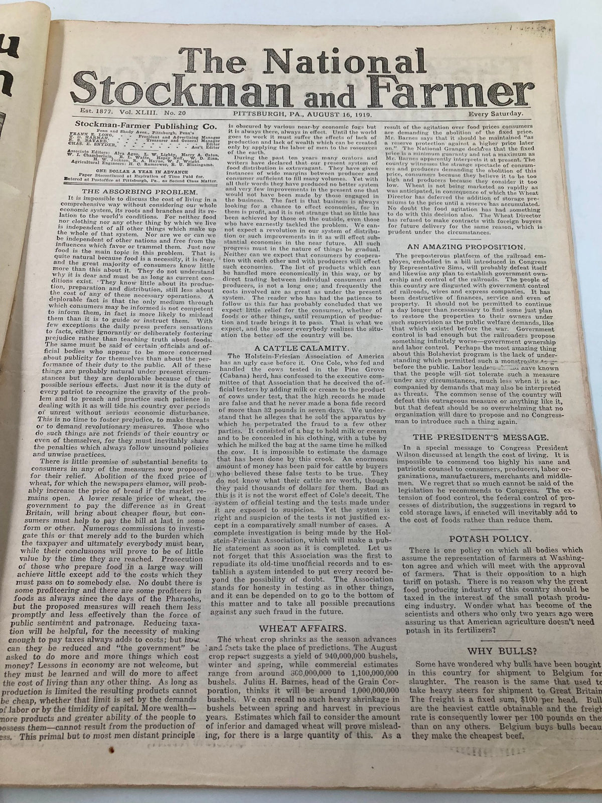 Cover page of VTG The National Stockman and Farmer, published on August 16, 1919, showcasing articles on agricultural challenges and resilience.