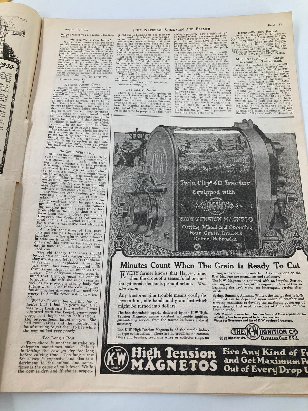 Interior page of VTG The National Stockman and Farmer featuring advertisements and articles relevant to farming practices from August 16, 1919.