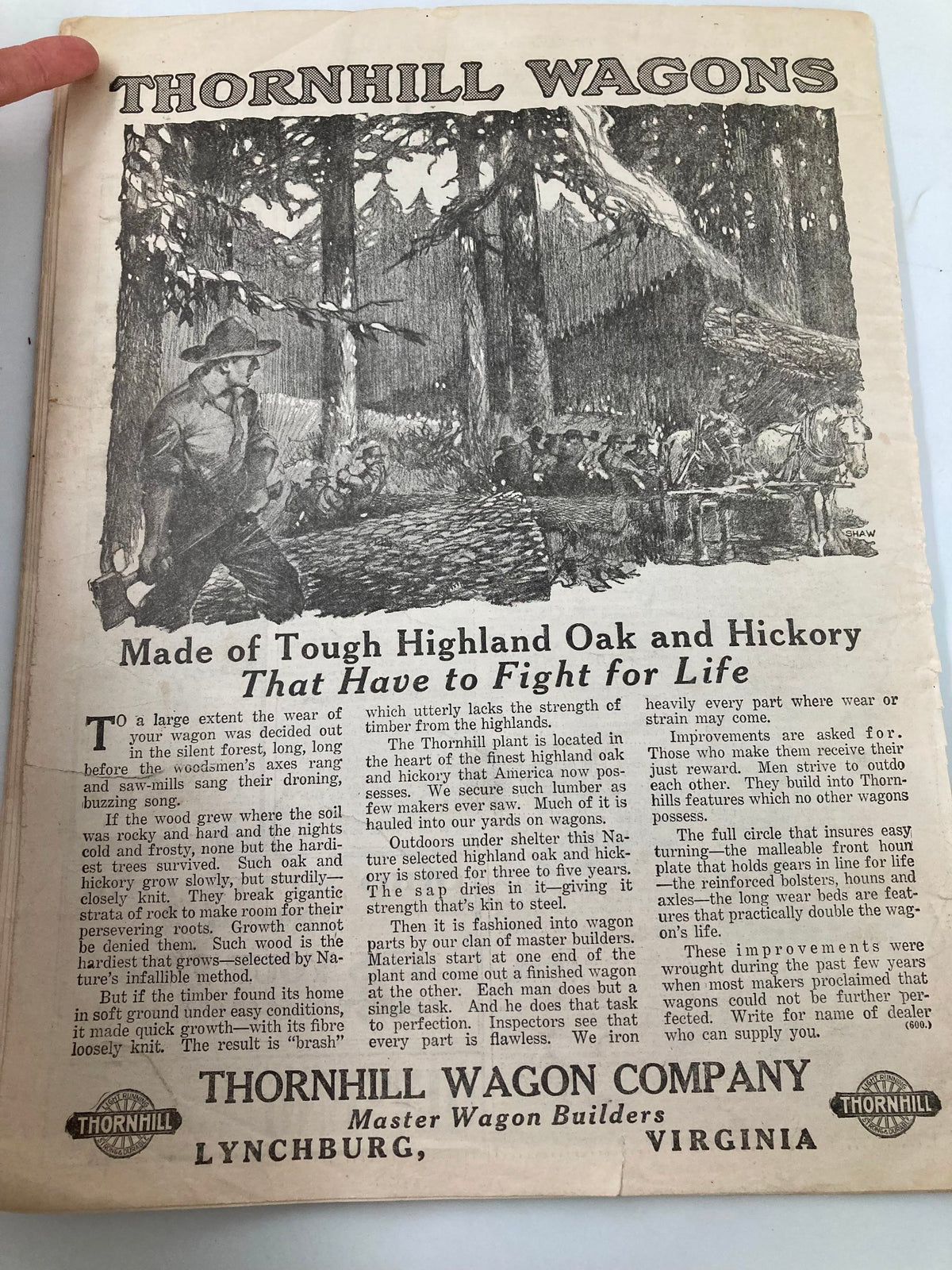 Back cover of VTG The National Stockman and Farmer showcasing an advertisement for Thornhill Wagons, emphasizing the strength and durability of their products.
