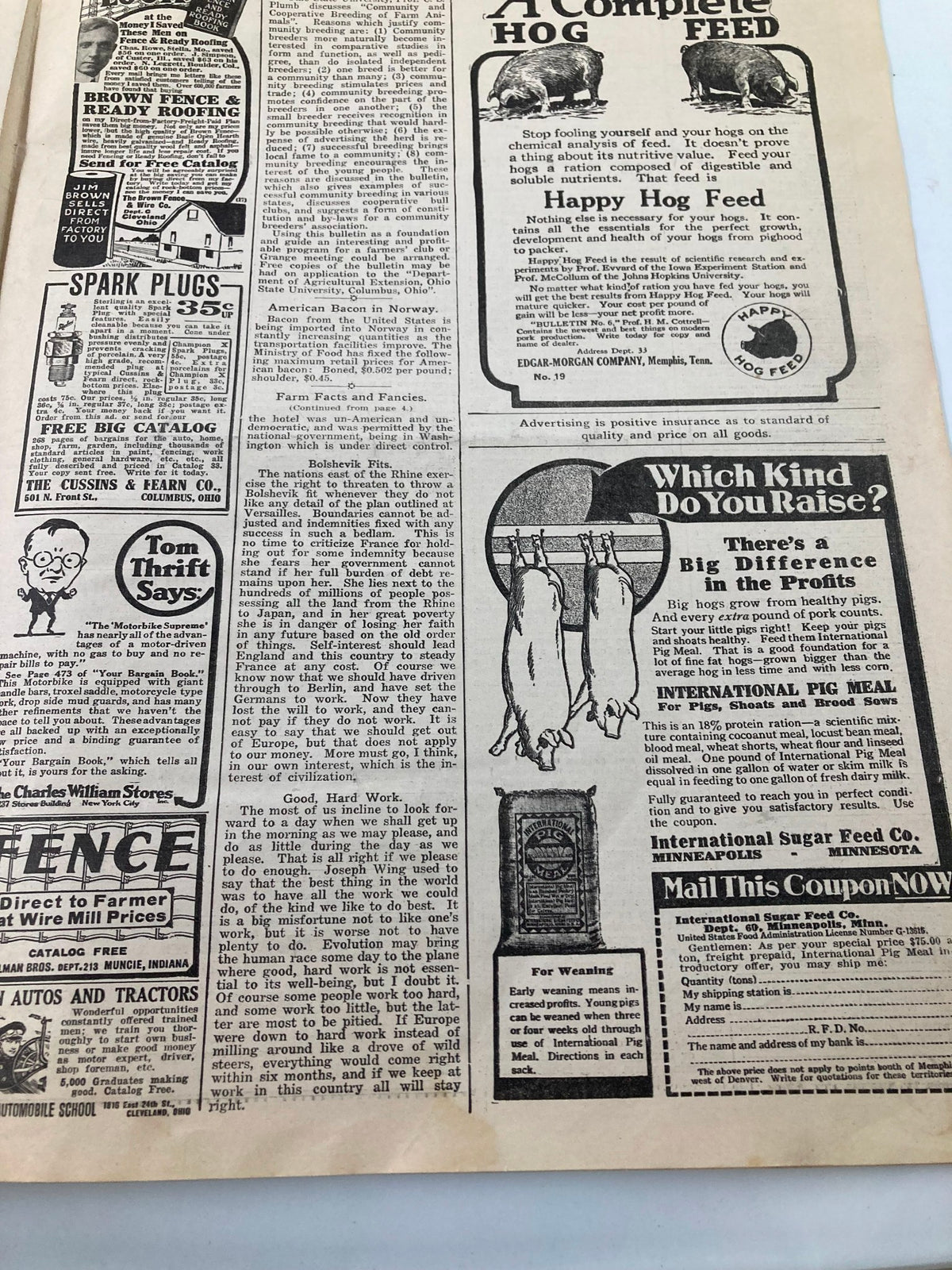 Page from VTG The National Stockman and Farmer magazine, displaying various advertisements including hog feed and agricultural products, reflecting the agricultural practices of the time.