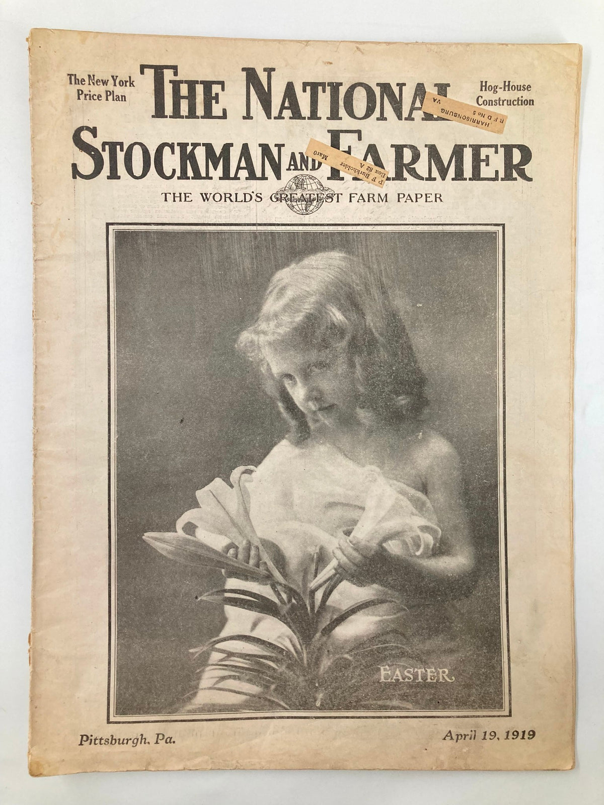 Cover of VTG The National Stockman and Farmer magazine from April 19, 1919, featuring a vintage image of a girl holding flowers with the text 'EASTER' and a publication note for Pittsburgh, Pa.
