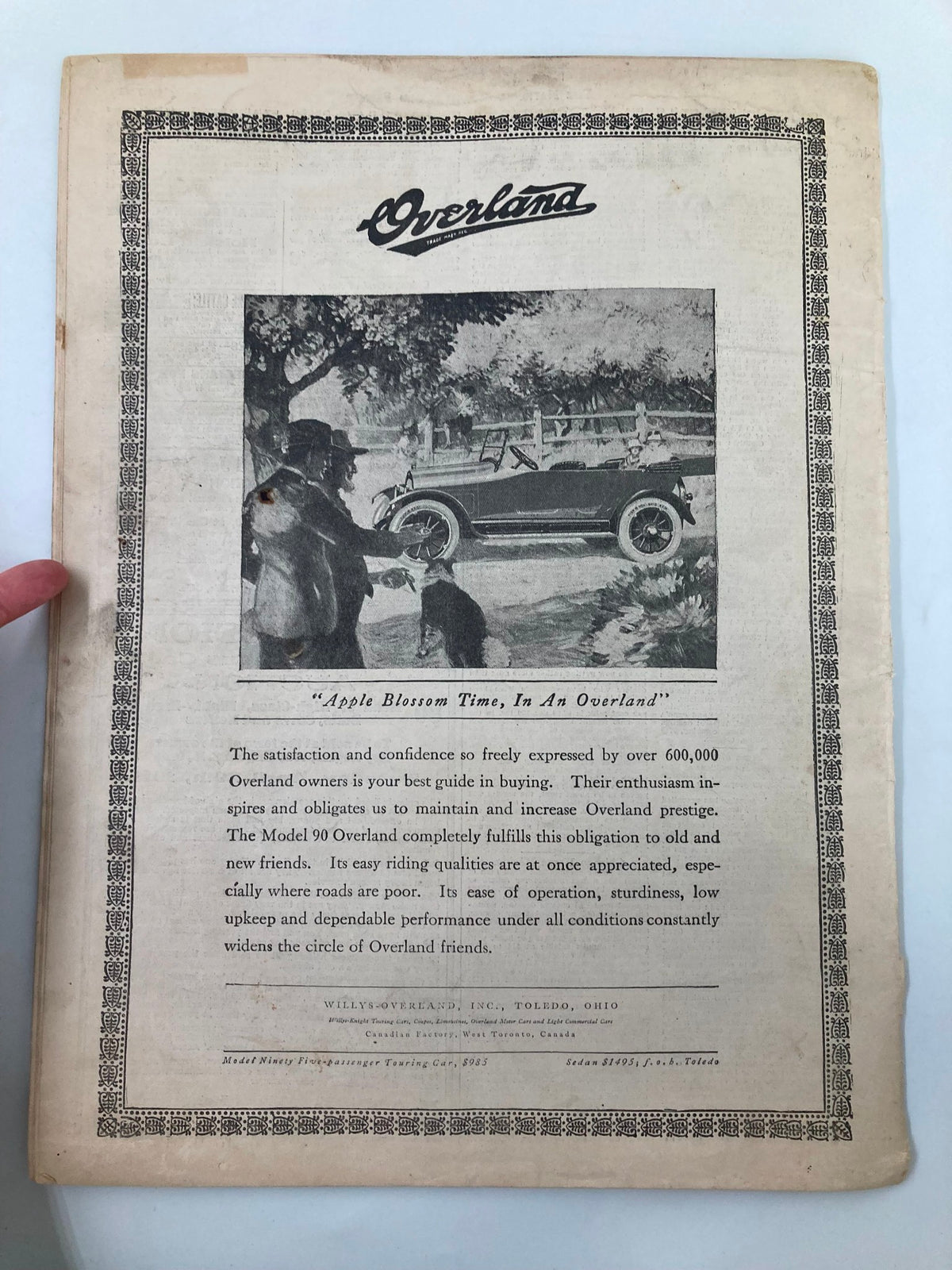 Back cover of VTG The National Stockman and Farmer dated April 19, 1919, showcasing an advertisement for Overland cars with a vintage image and promotional text.
