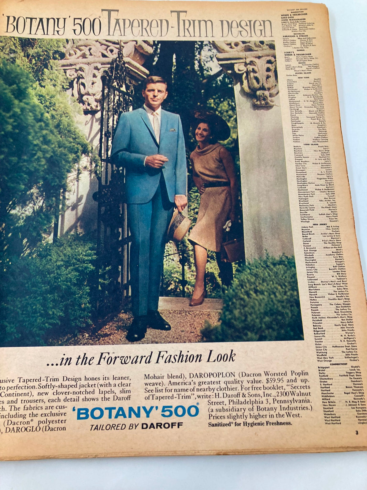 Vintage advertisement from VTG The New York Times Magazine May 23 1965 featuring a man in a blue suit and a woman in a stylish dress, promoting 'BOTANY 500' tapered-trim design tailored by Daroff.