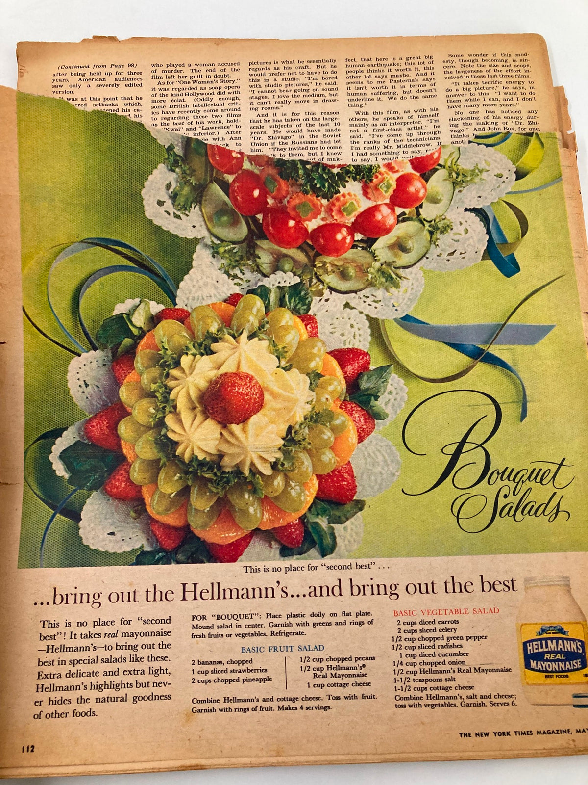 Colorful food display in VTG The New York Times Magazine May 23 1965 showcasing a bouquet salad recipe, emphasizing the use of Hellmann's mayonnaise for refreshing salads.